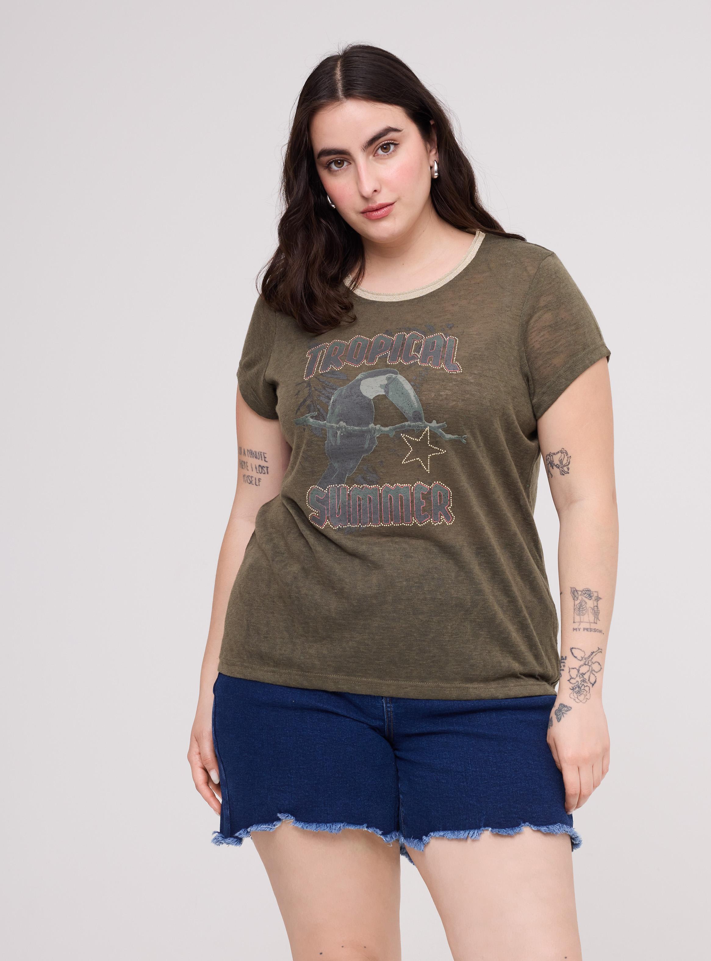 Polera Estampado con Brillos Manga Corta Cuello Redondo-0