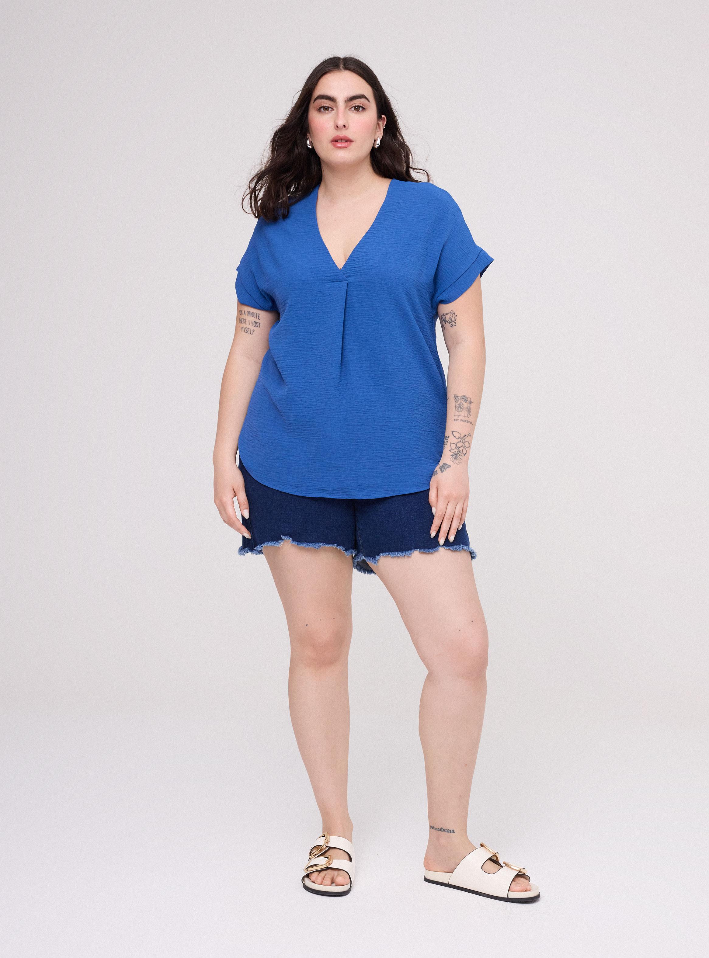 Blusa Cuello V con Pliegue Frontal Manga Corta-4
