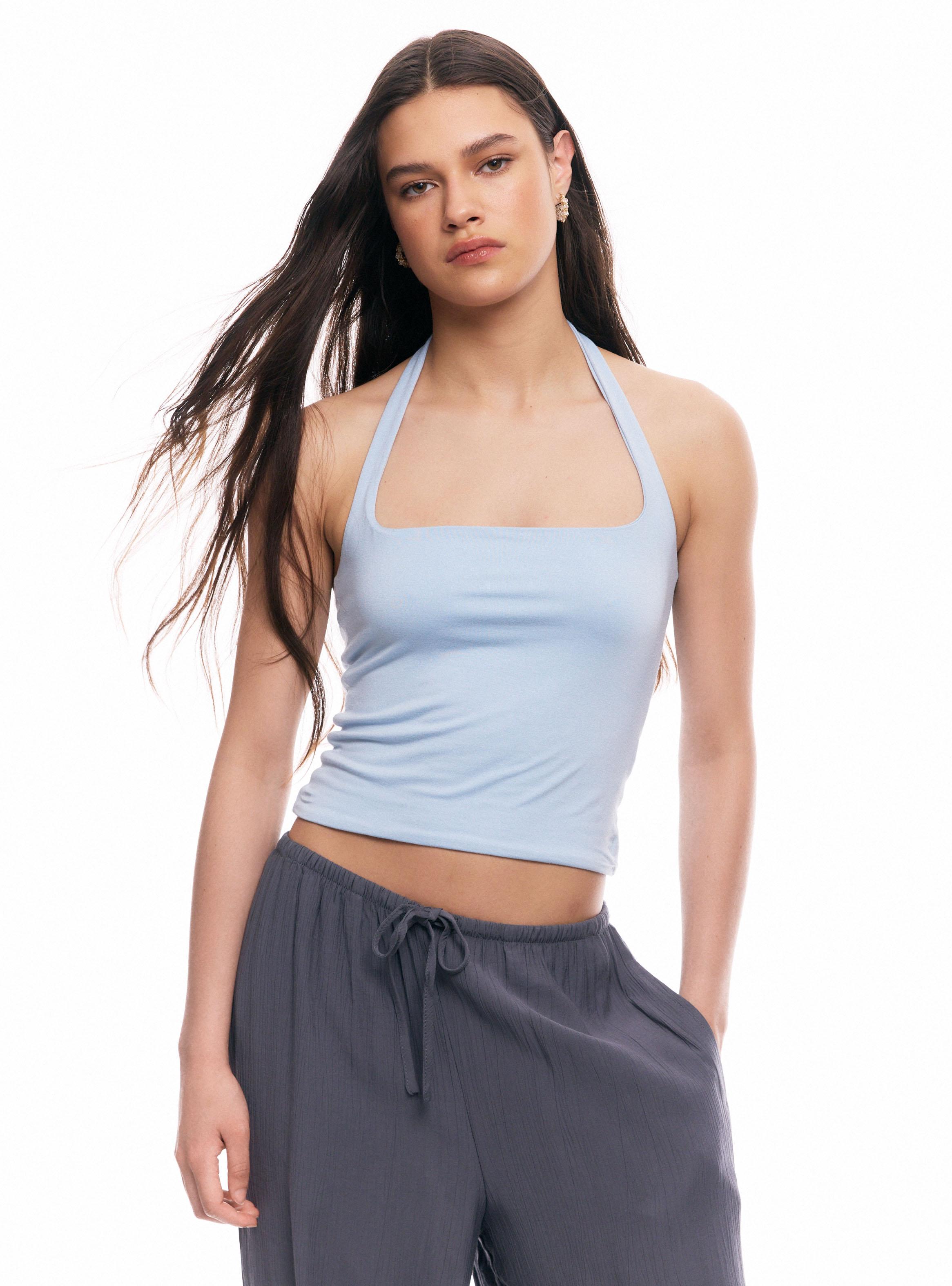 Polera sin Manga Cuello Halter y Escote Cuadrado-0
