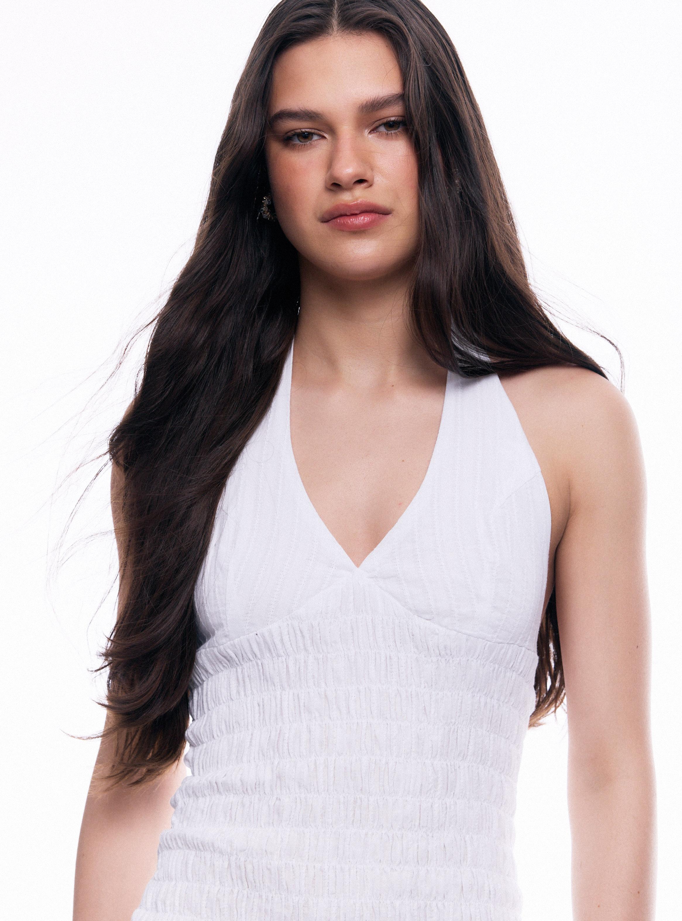 Vestido Mini Halter Acanalado con Volantes-2