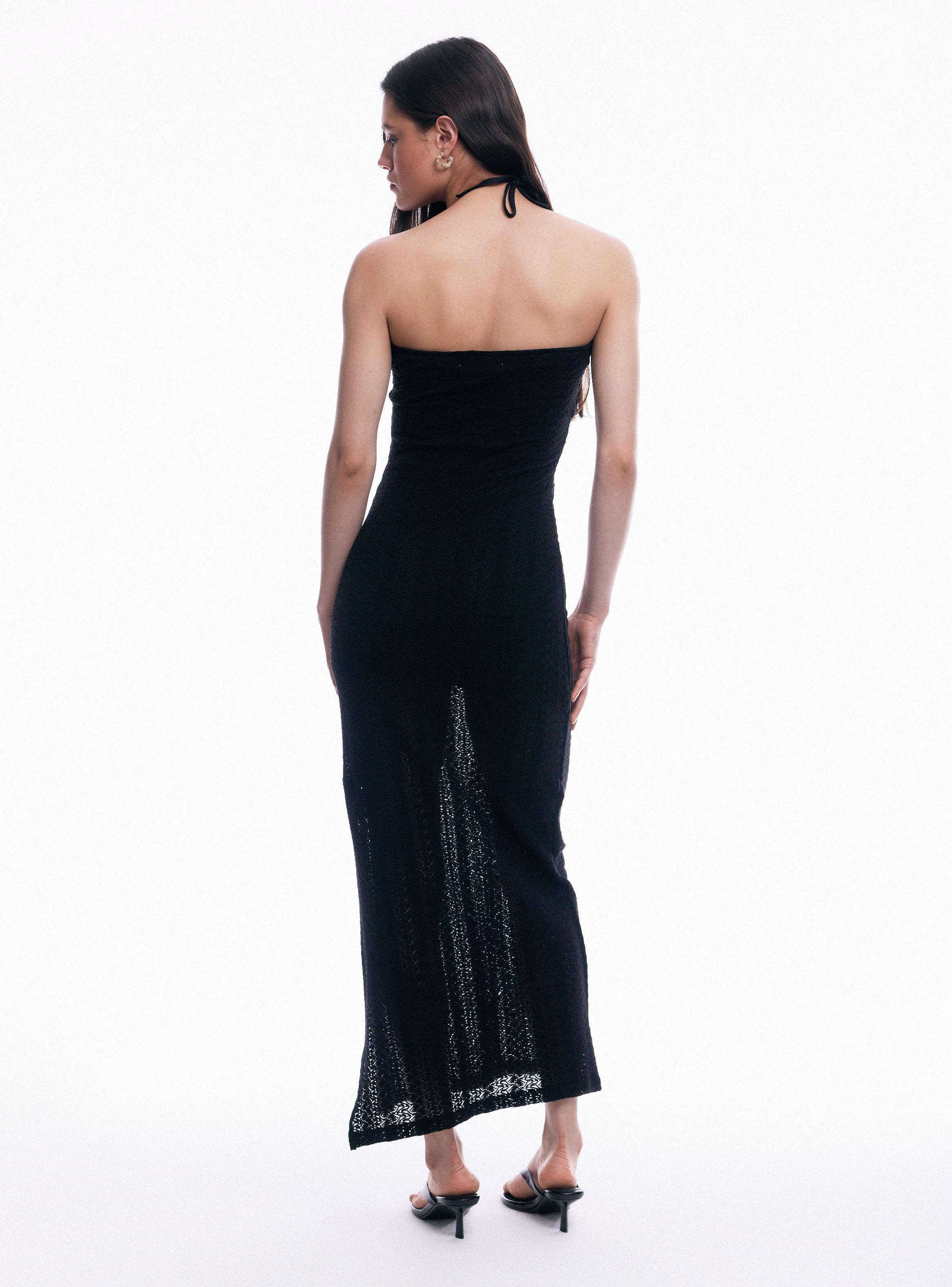 Vestido Halter Escote V Tejido Calado-5