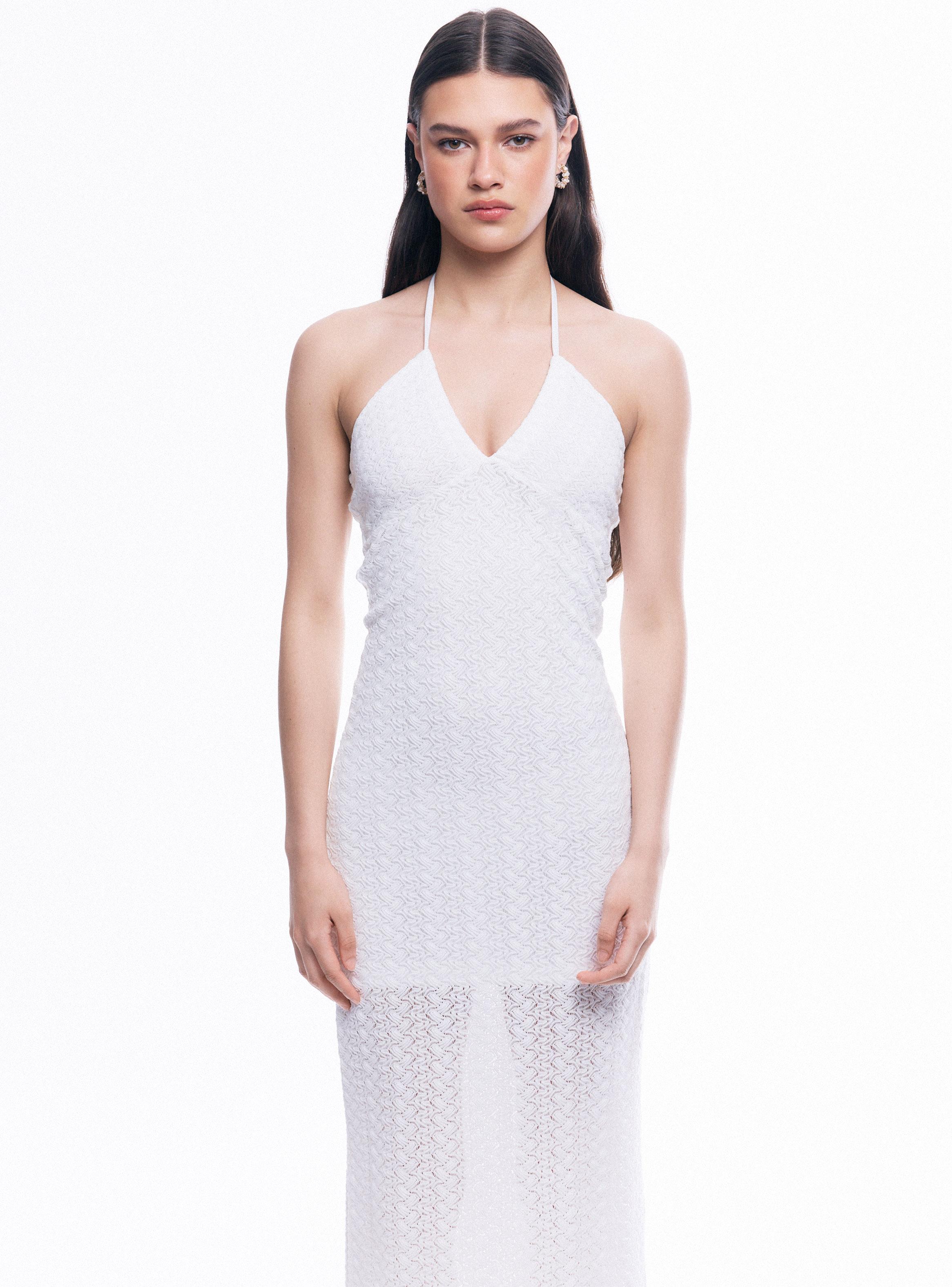 Vestido Halter Escote V Tejido Calado-0