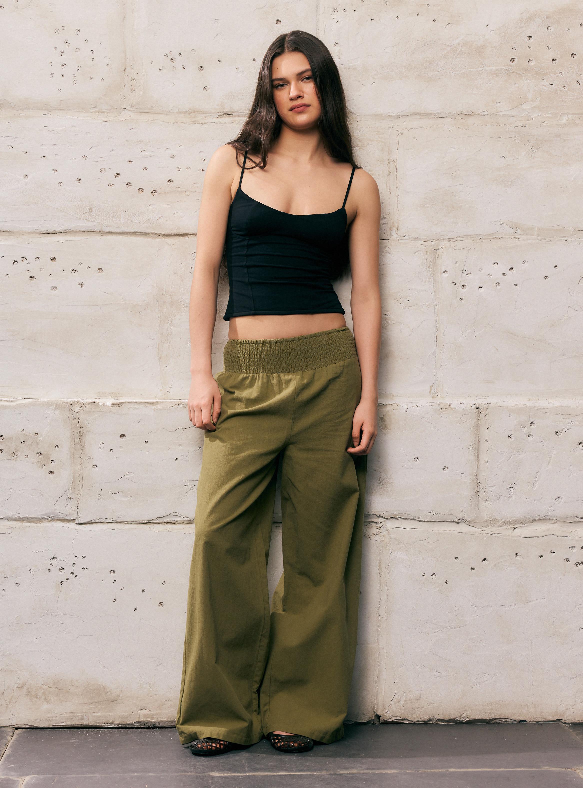 Pantalón Wide Leg Tiro Alto con Pretina Fruncida-4