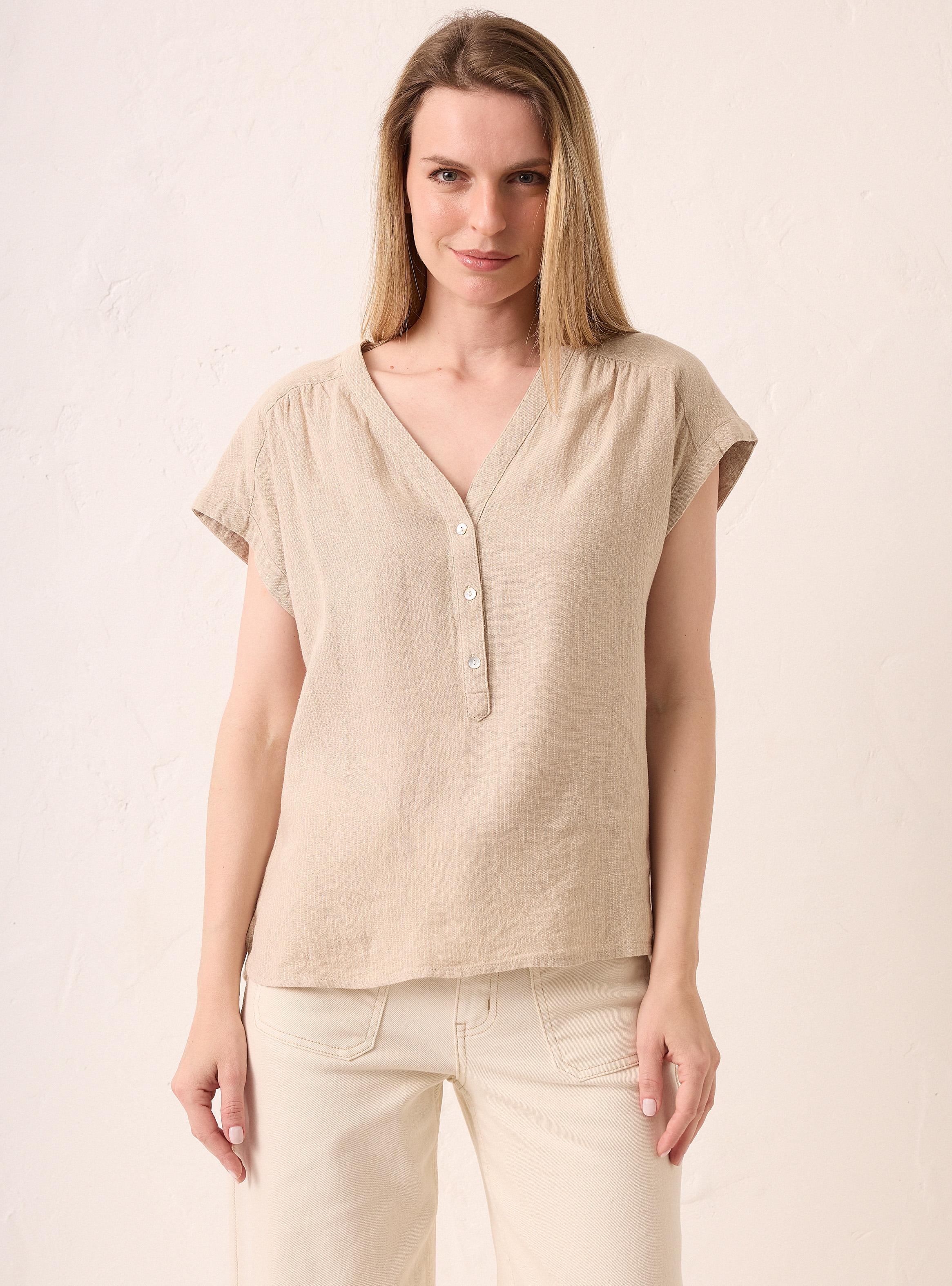 Blusa Escote en V con Mitad Abertura en Delantero-0