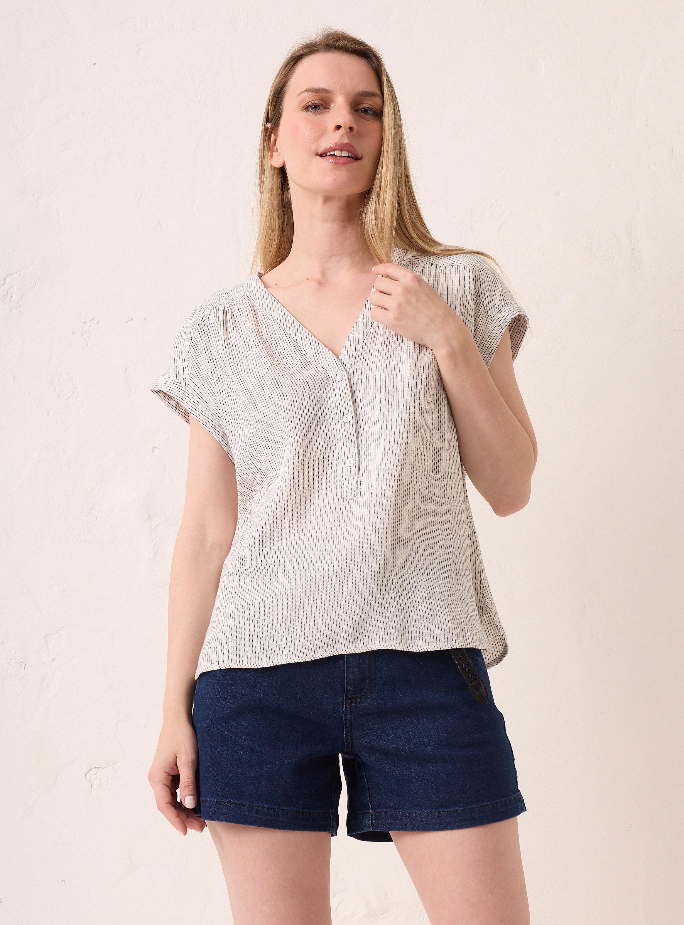 Blusa Escote en V con Mitad Abertura en Delantero-0