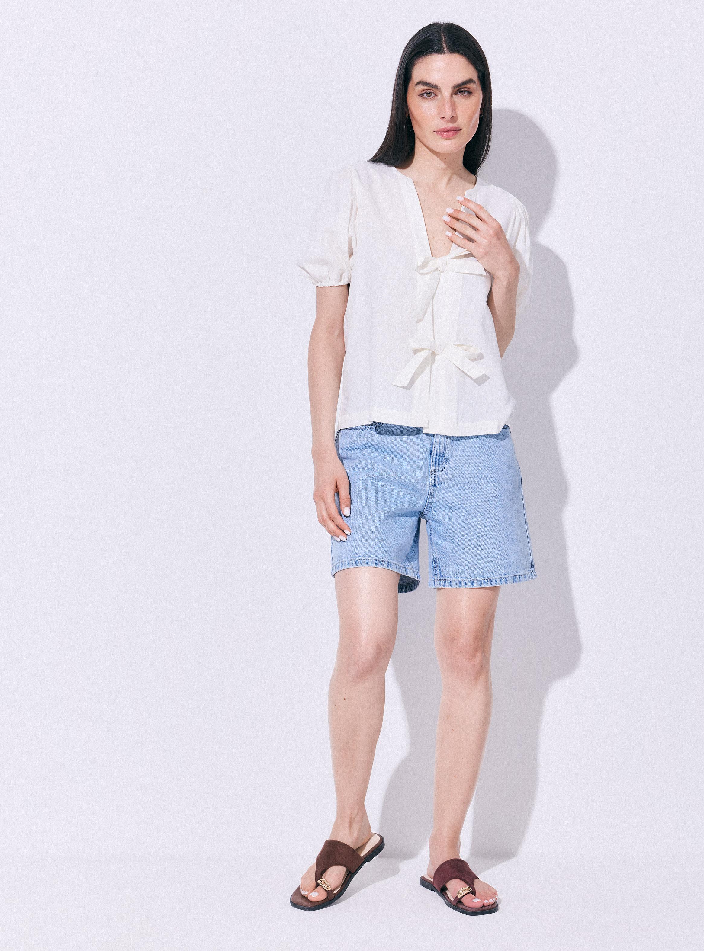 Blusa Lino Manga Abullonada y Lazos-4