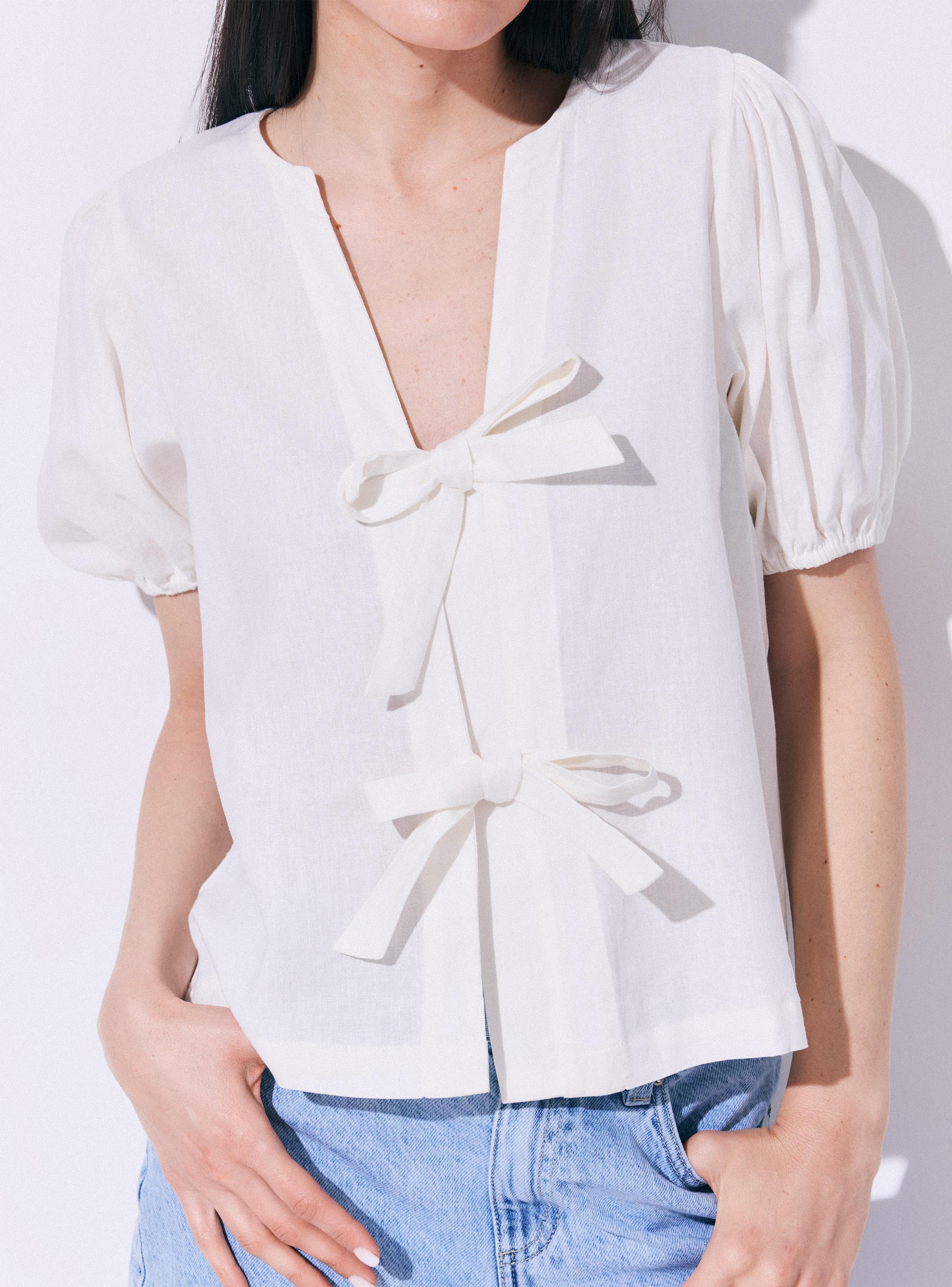Blusa Lino Manga Abullonada y Lazos-3