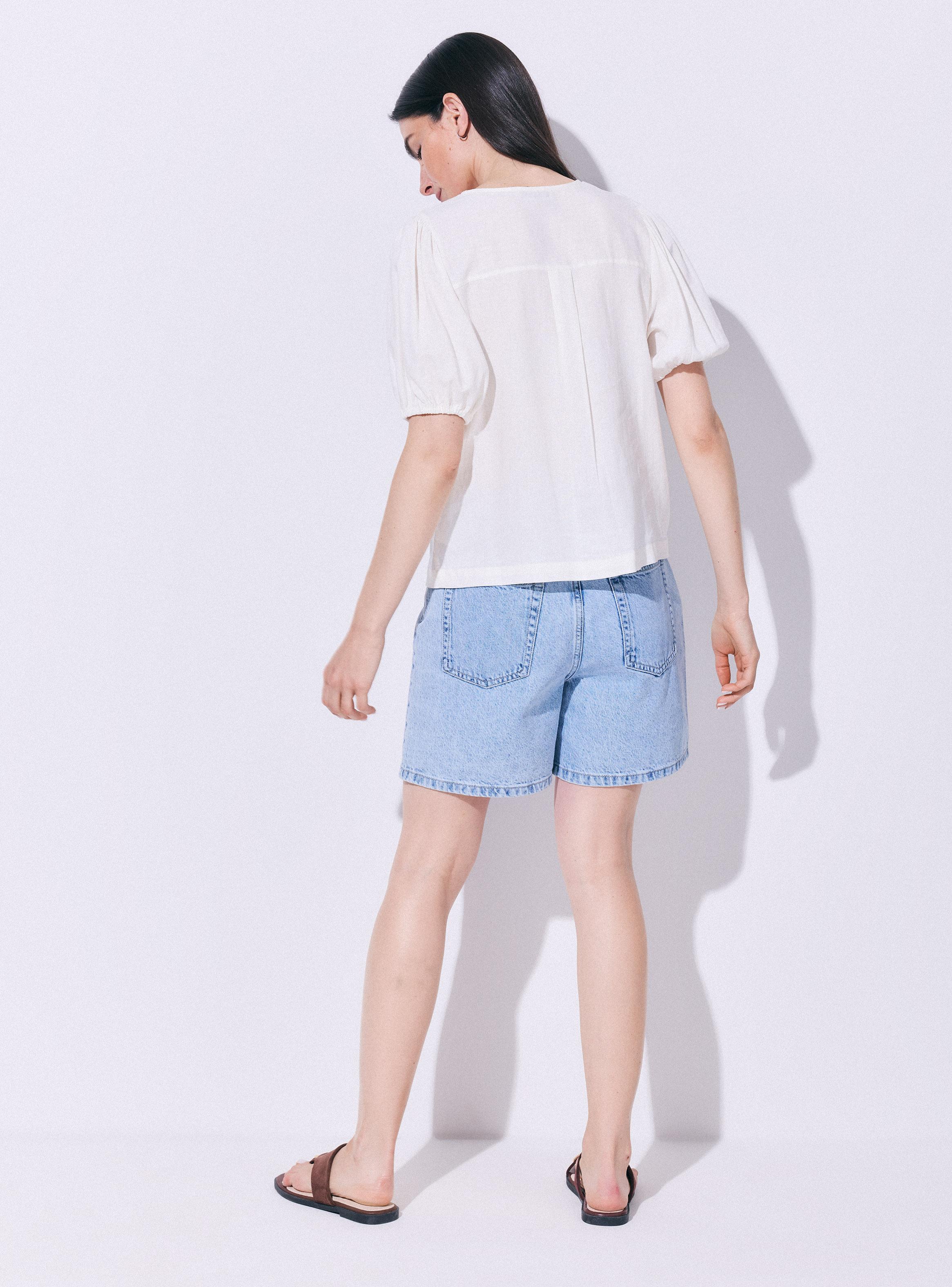 Blusa Lino Manga Abullonada y Lazos-5