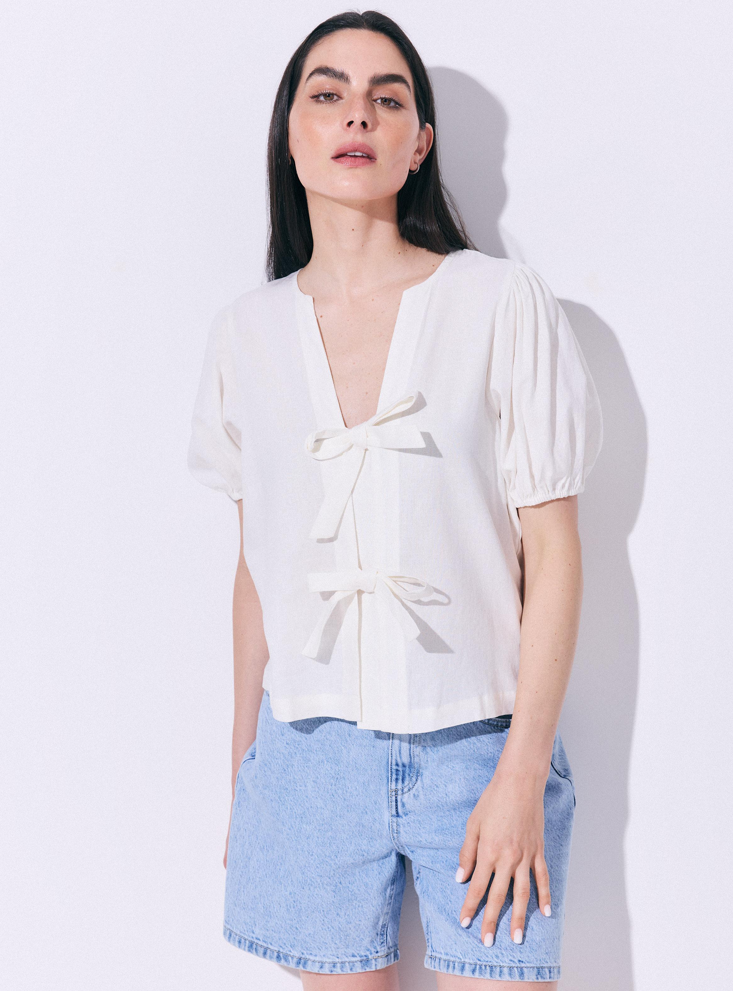 Blusa Lino Manga Abullonada y Lazos-0