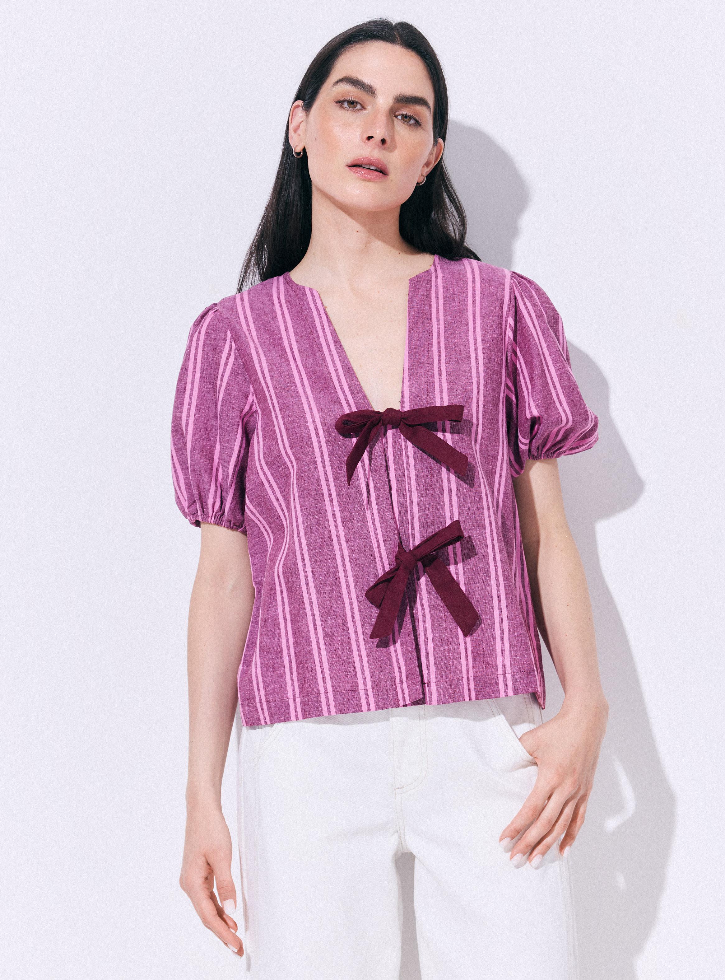 Blusa Lino Manga Abullonada y Lazos-0