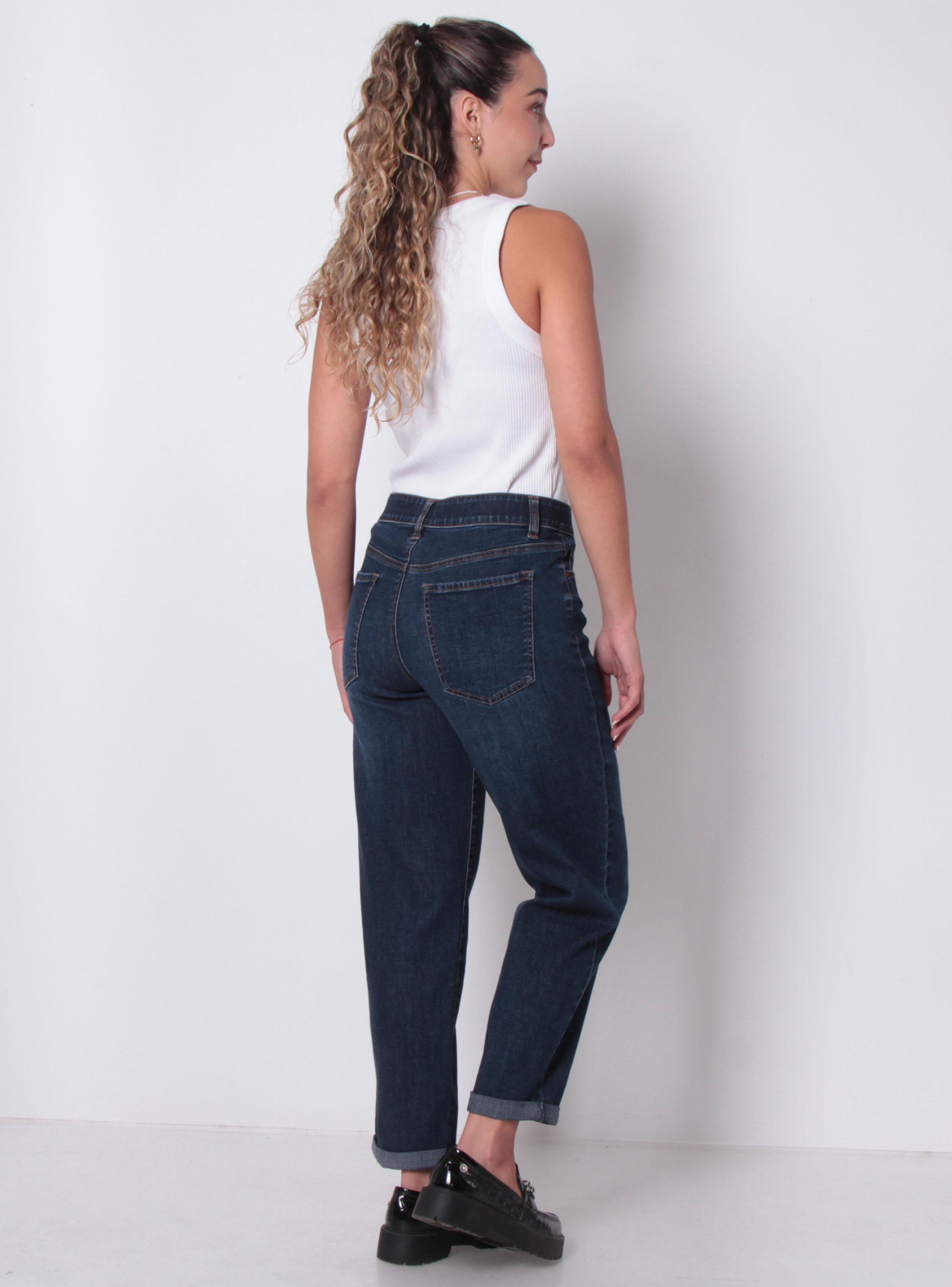 Jeans Recto Roll Up Tiro Alto Pretina Básica con 1 Botón-4