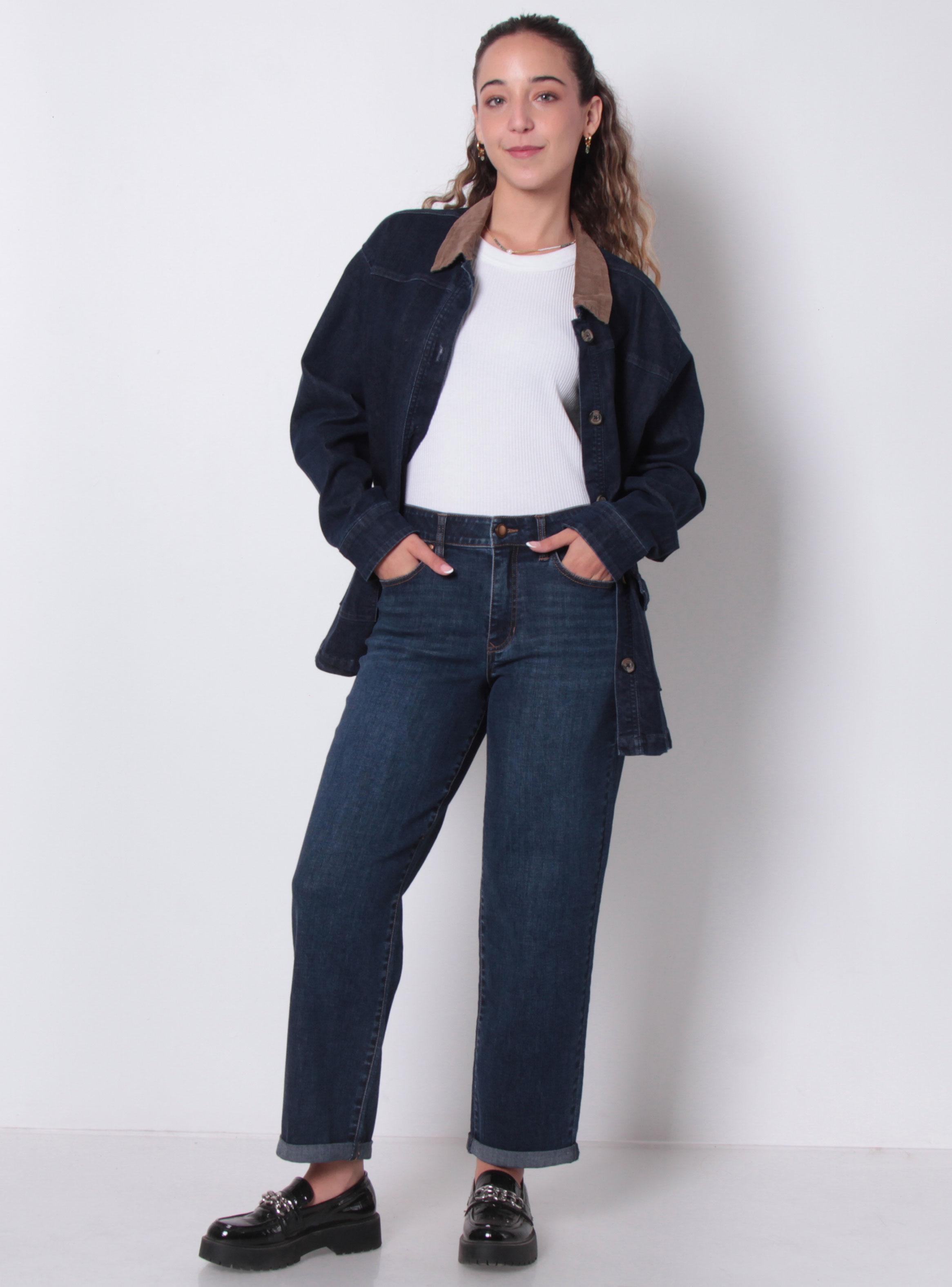 Jeans Recto Roll Up Tiro Alto Pretina Básica con 1 Botón-3