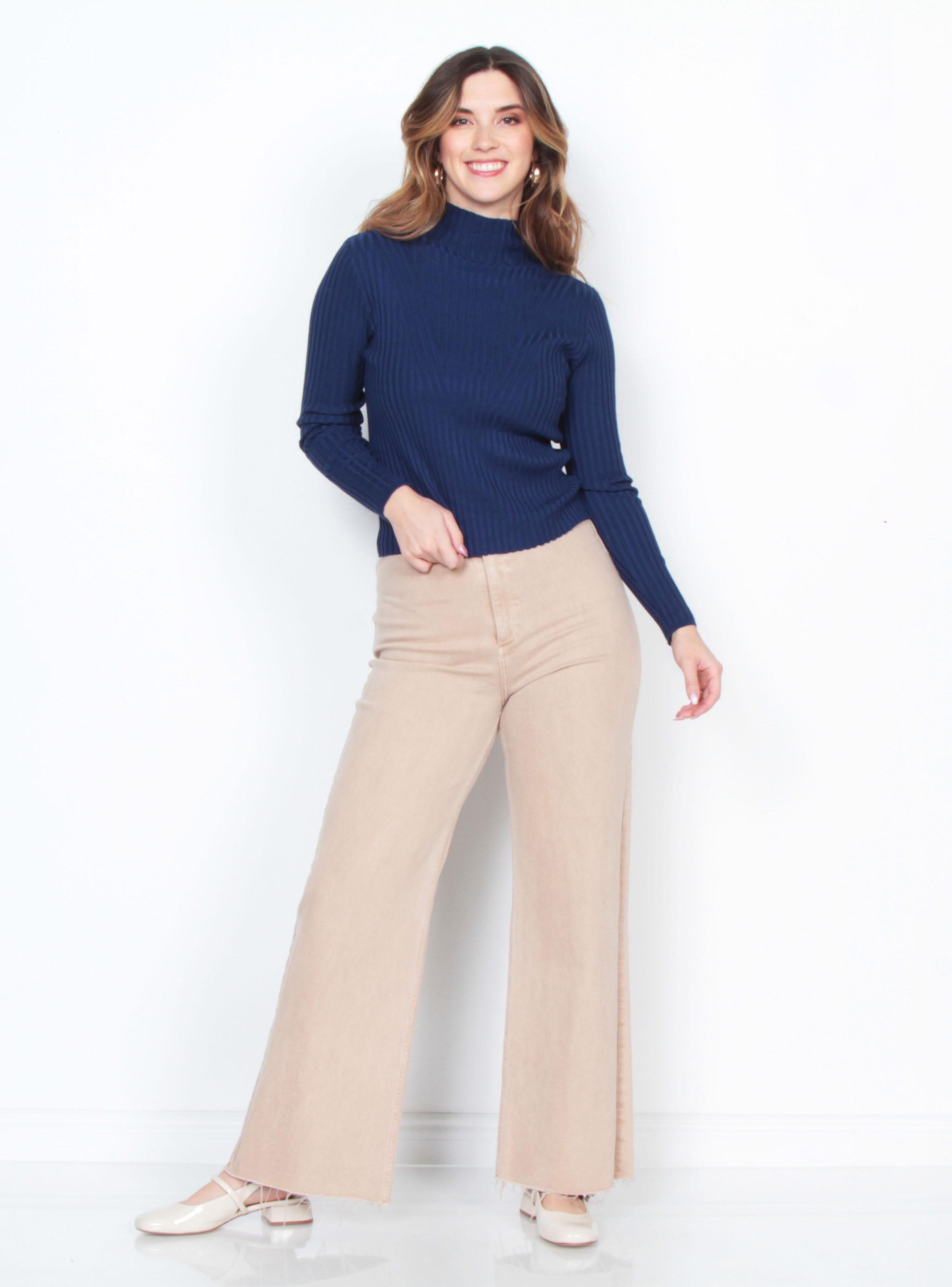 Sweater Manga Larga Sólido con Cuello Alto-3