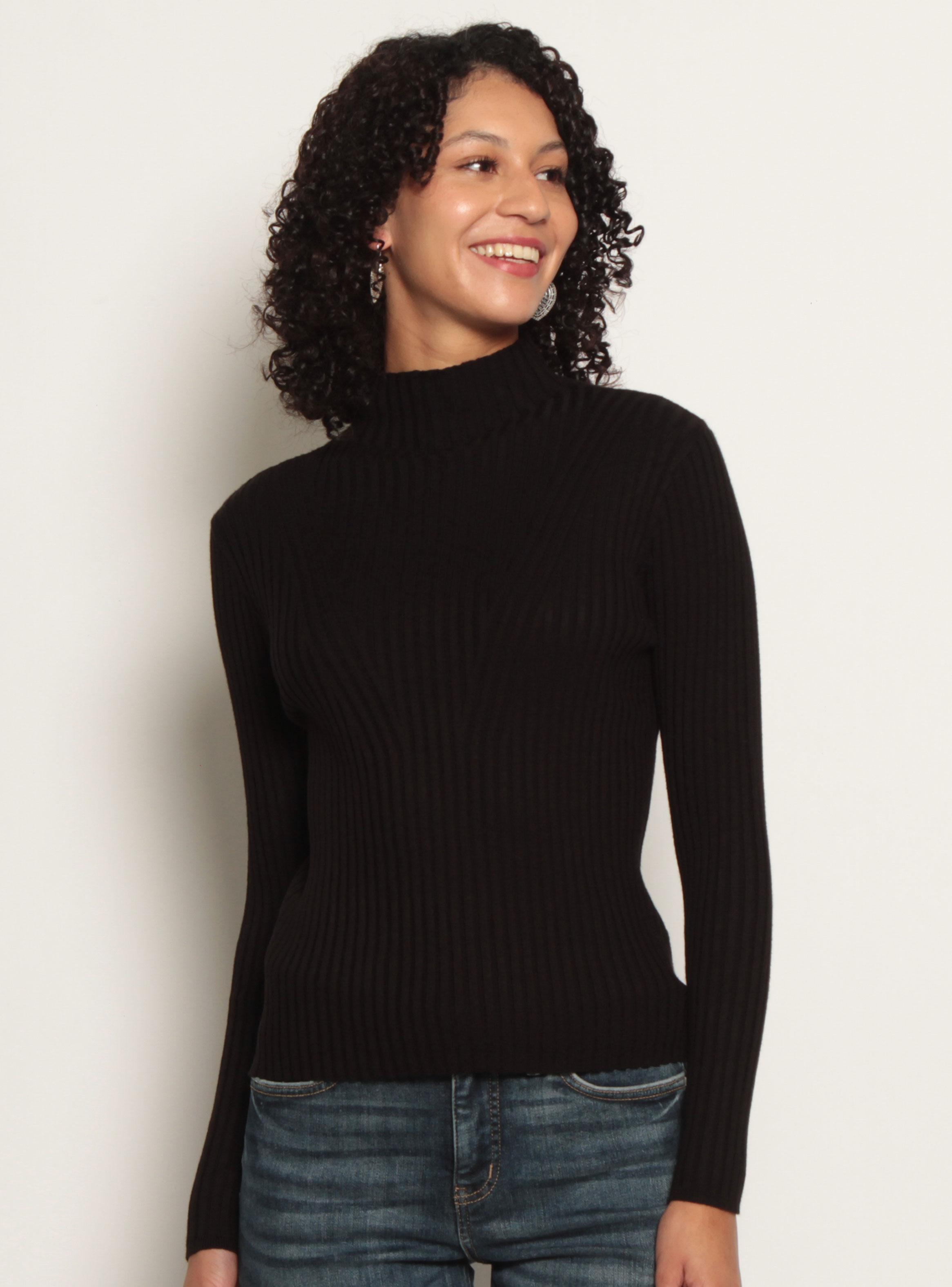Sweater Manga Larga Sólido con Cuello Alto-0