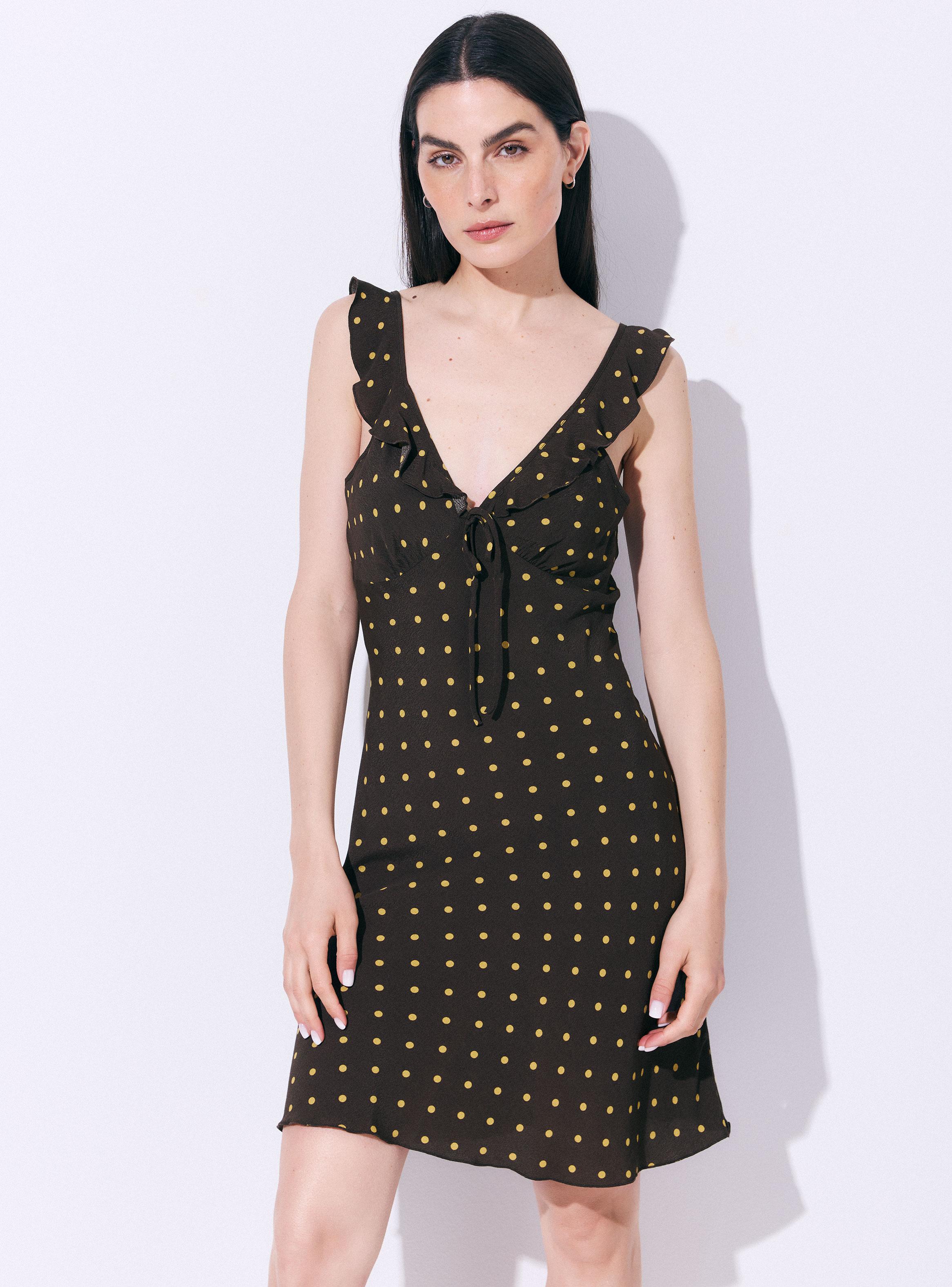 Vestido Mini Estampado con Escote V y Volantes-0