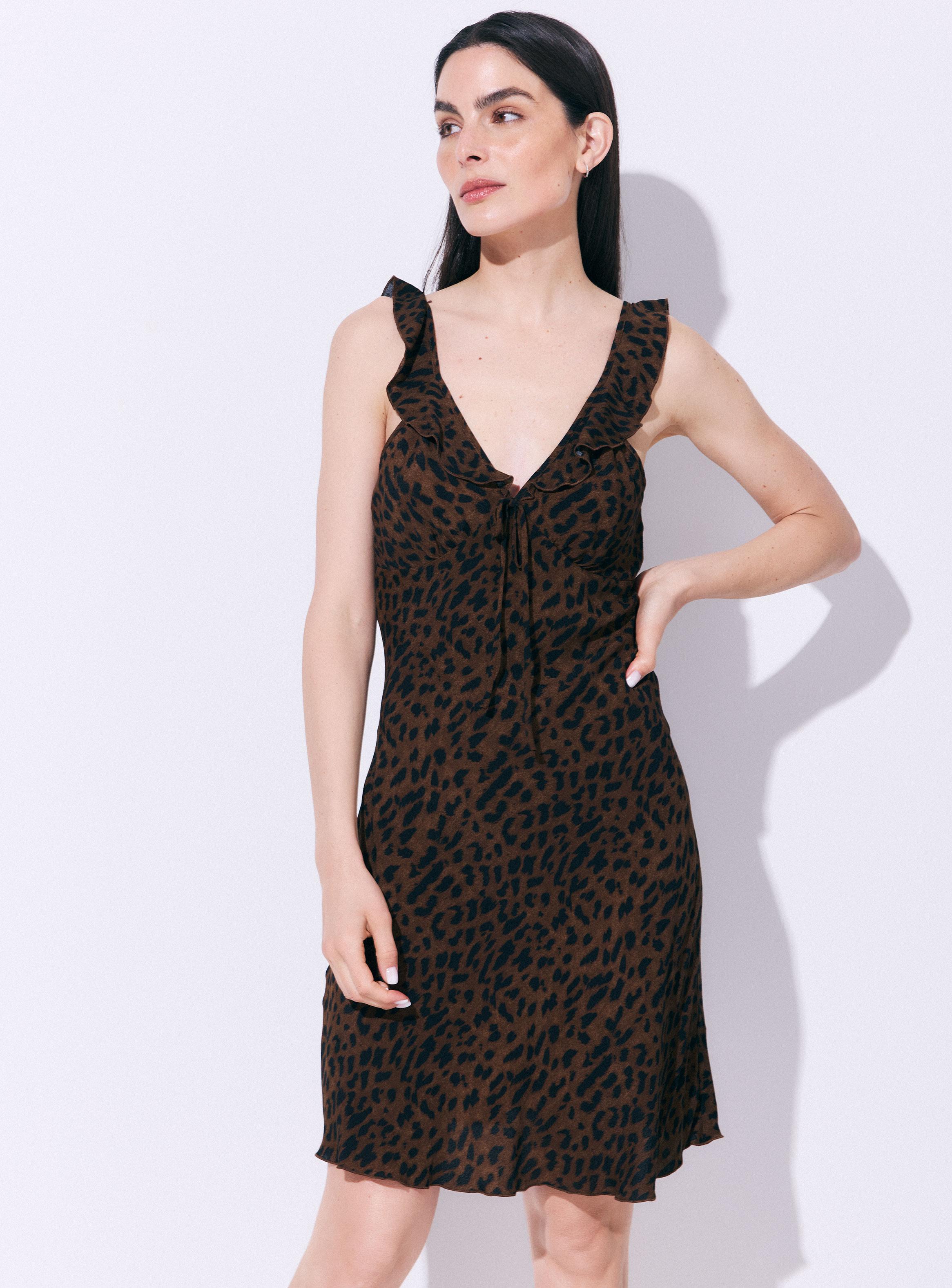 Vestido Mini Estampado con Escote V y Volantes-0