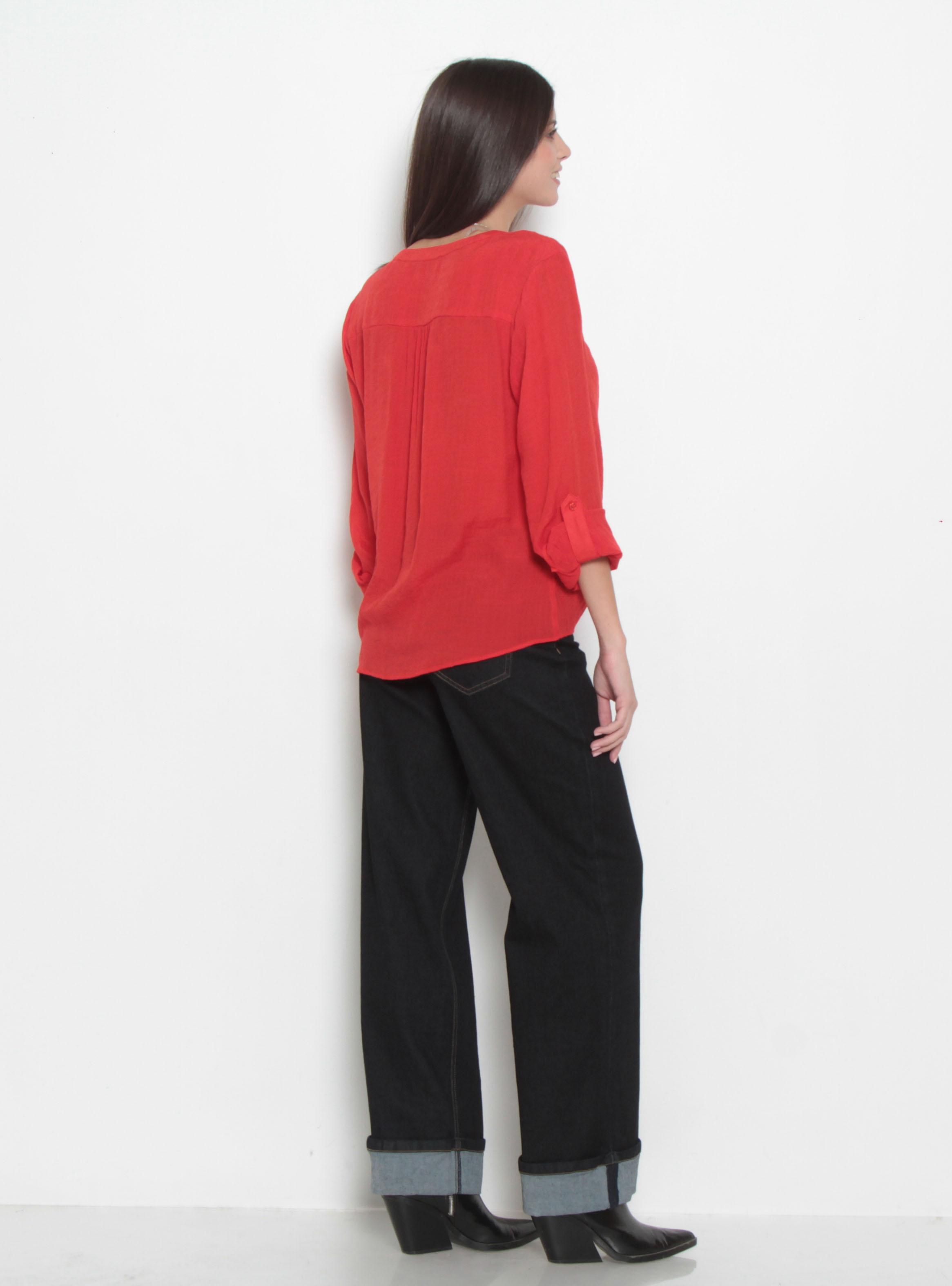 Blusa Escote V Abotonada en Delantero con Bolsillo-4