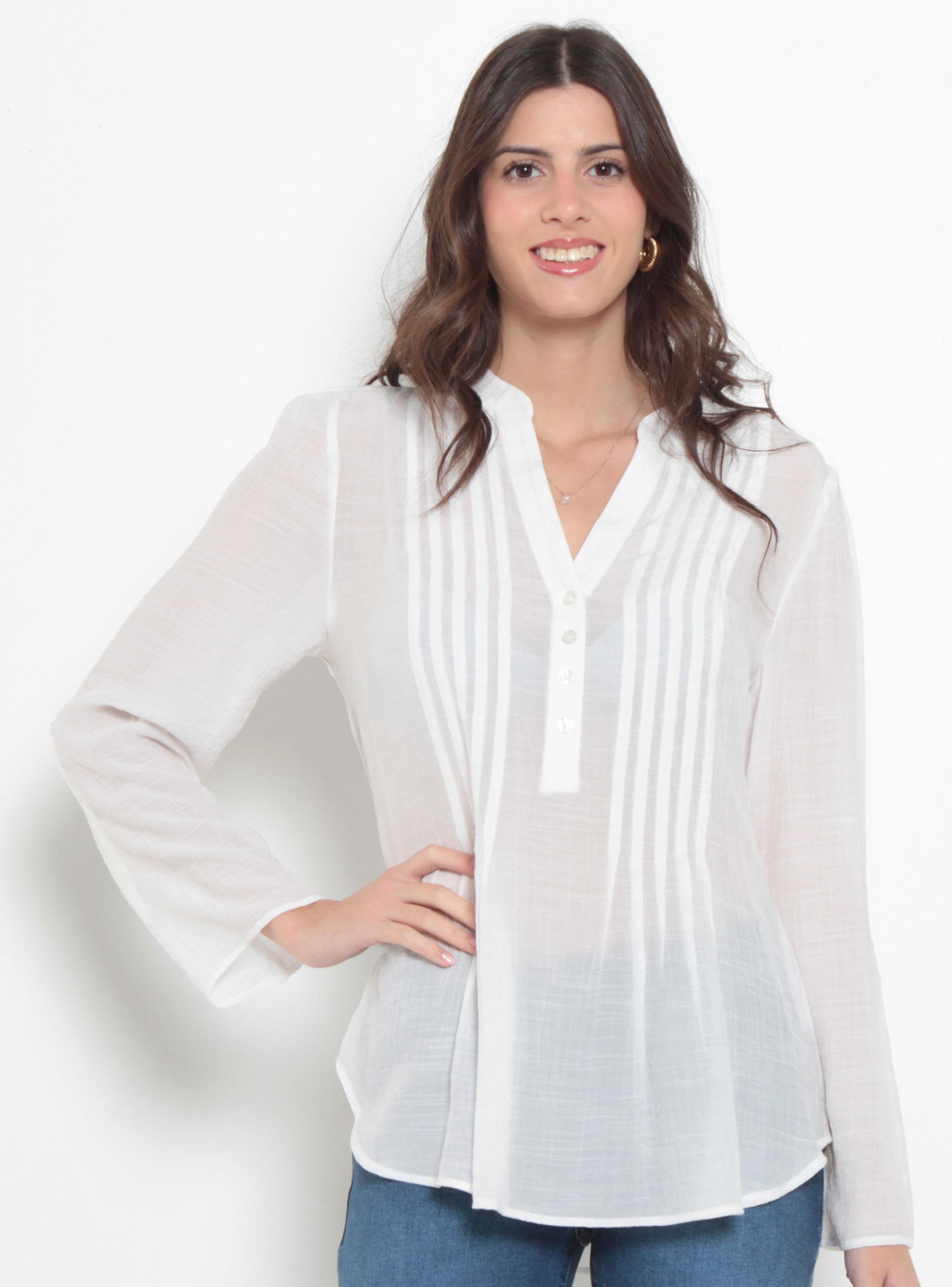 Blusa Manga Larga Escote V Abotonada en Delantero-0