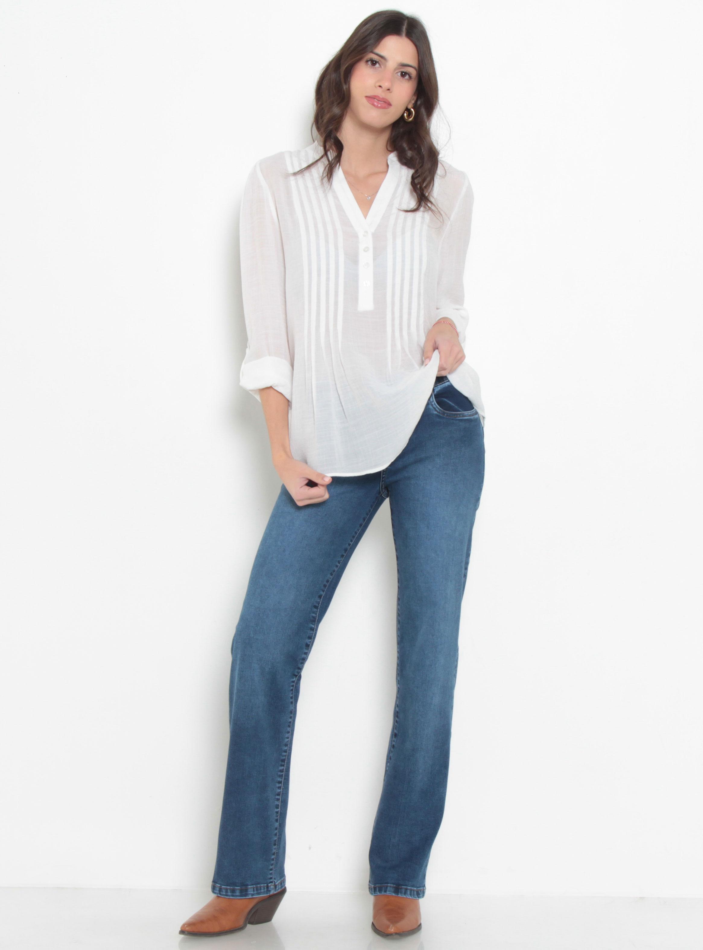 Blusa Manga Larga Escote V Abotonada en Delantero-3