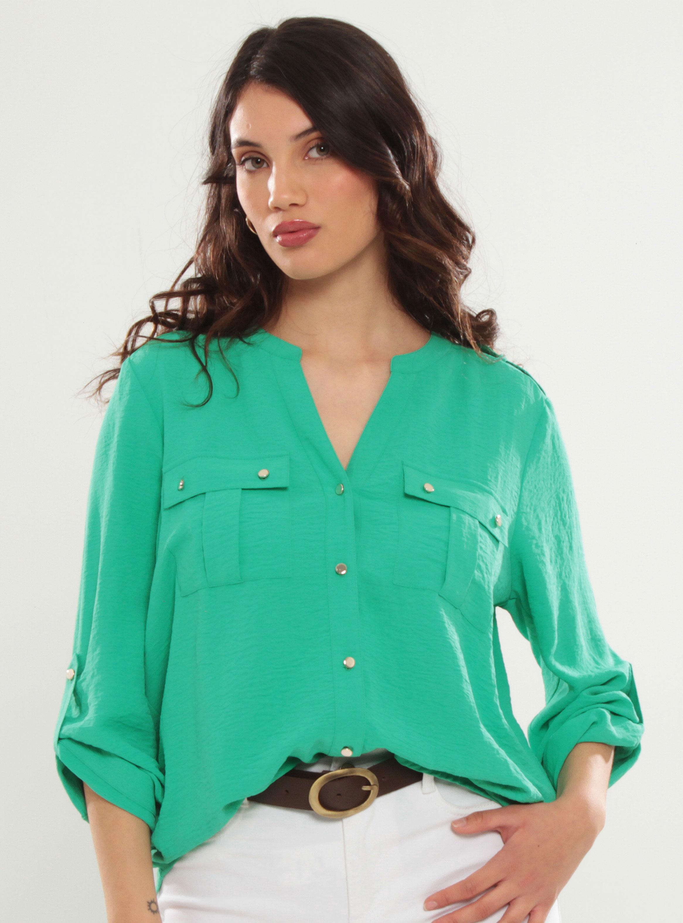 Blusa Manga Larga Abotonada con Bolsillo-0