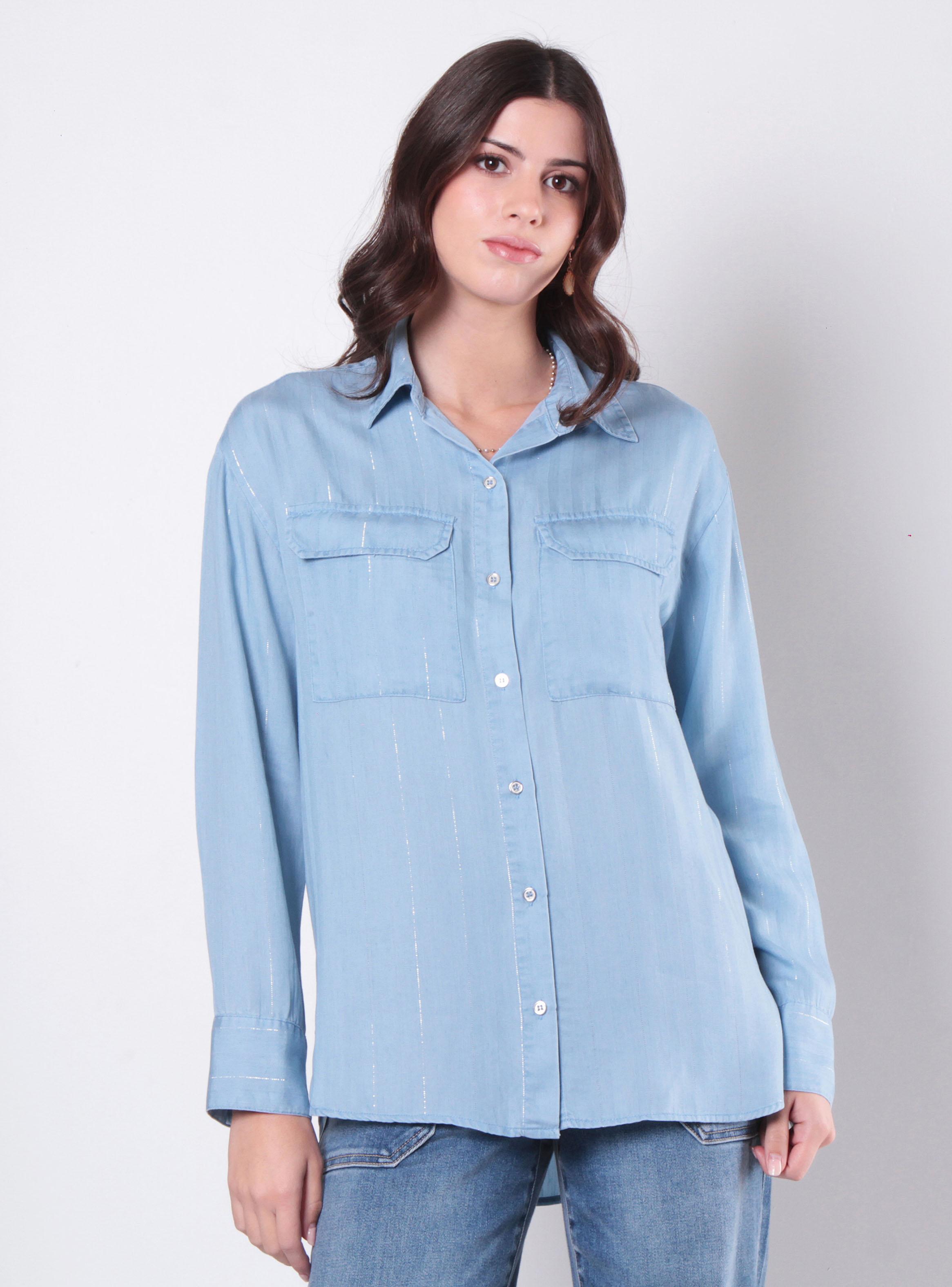 Blusa Tencel Listado Lurex Abotonada en Delantero-0