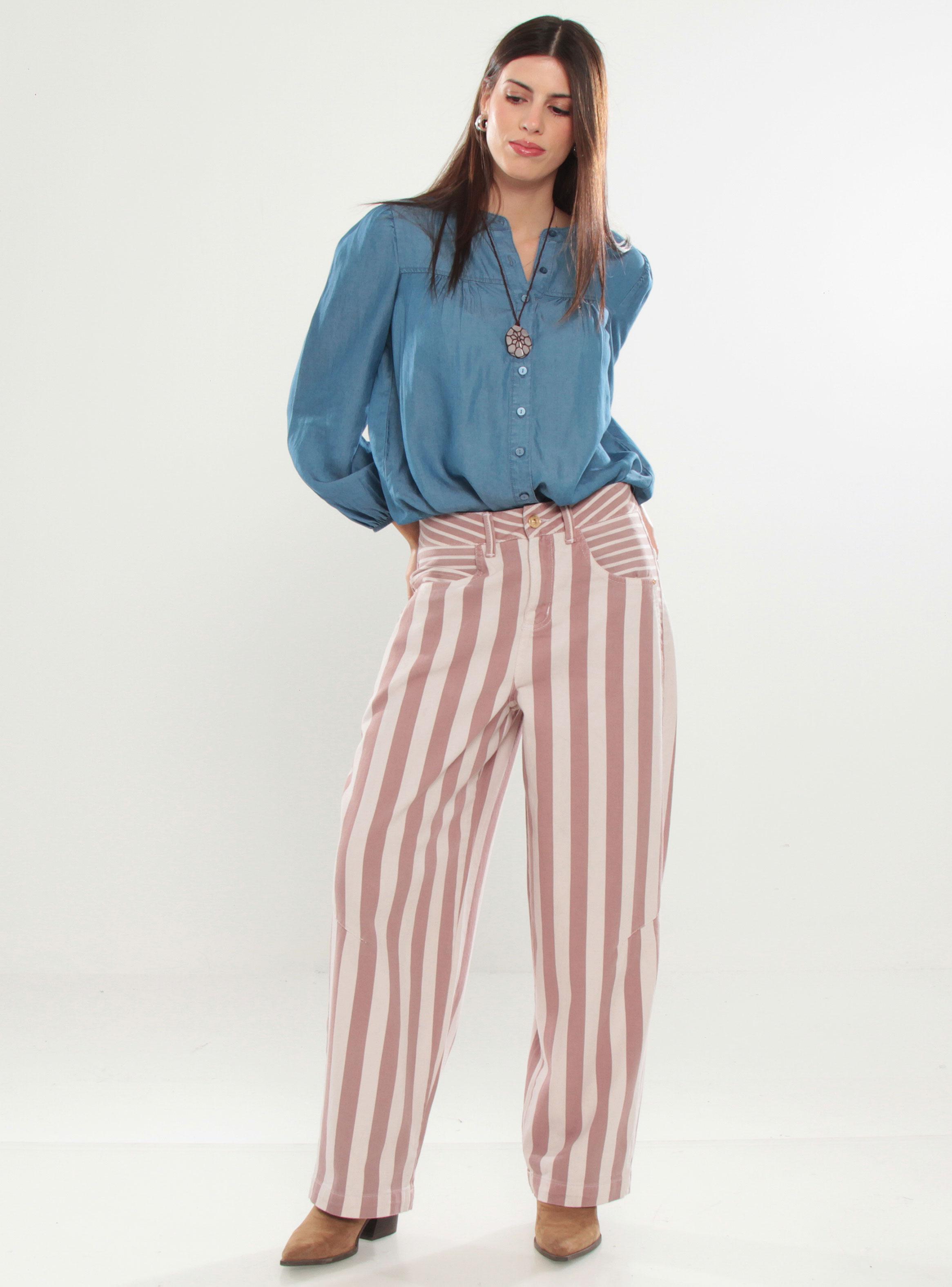 Jeans Ballon Rayados Tiro Alto Pretina un Botón-3