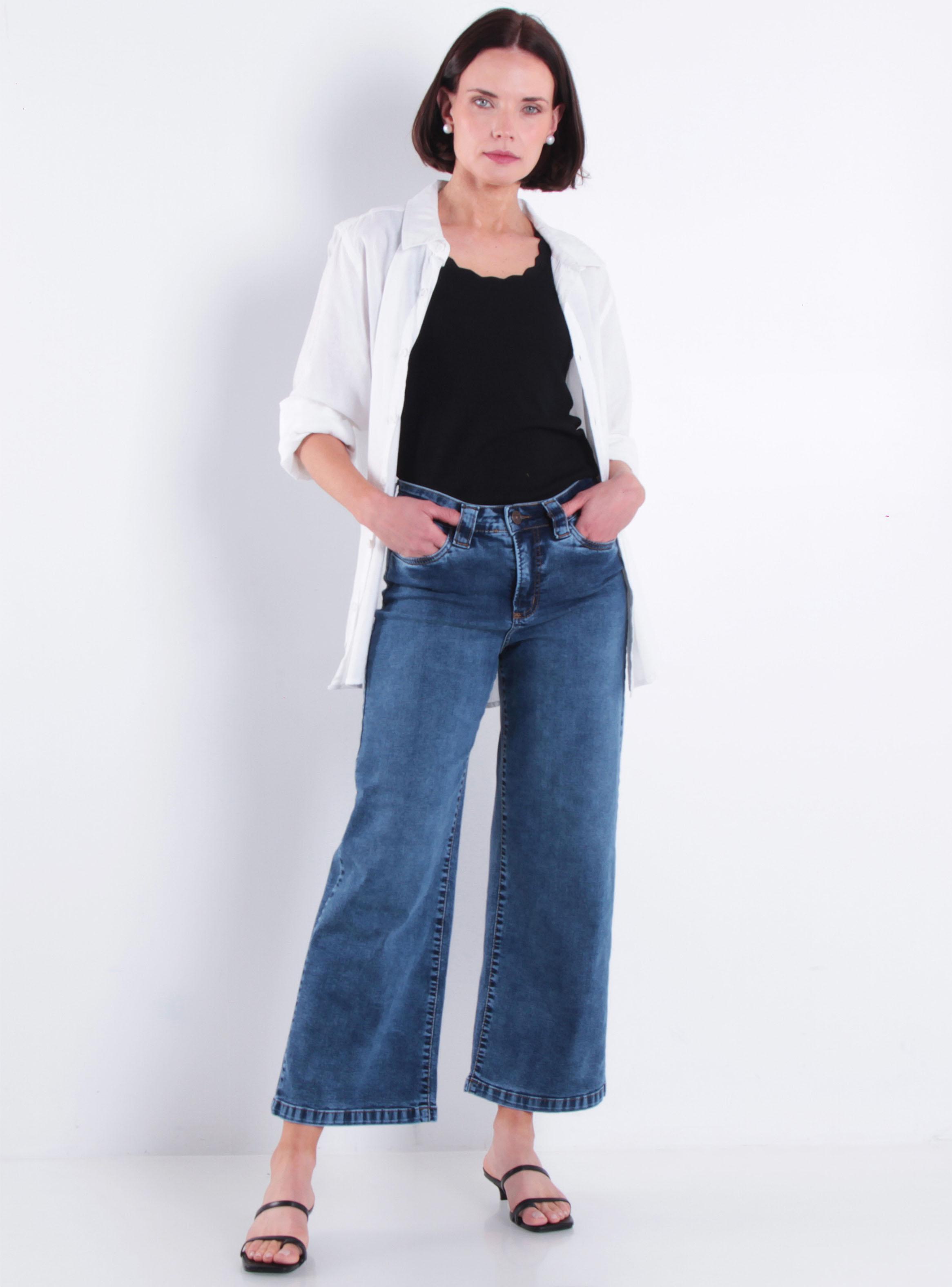 Jeans Crop Wide Leg Tiro Alto Pretina Básica 1 Botón-3