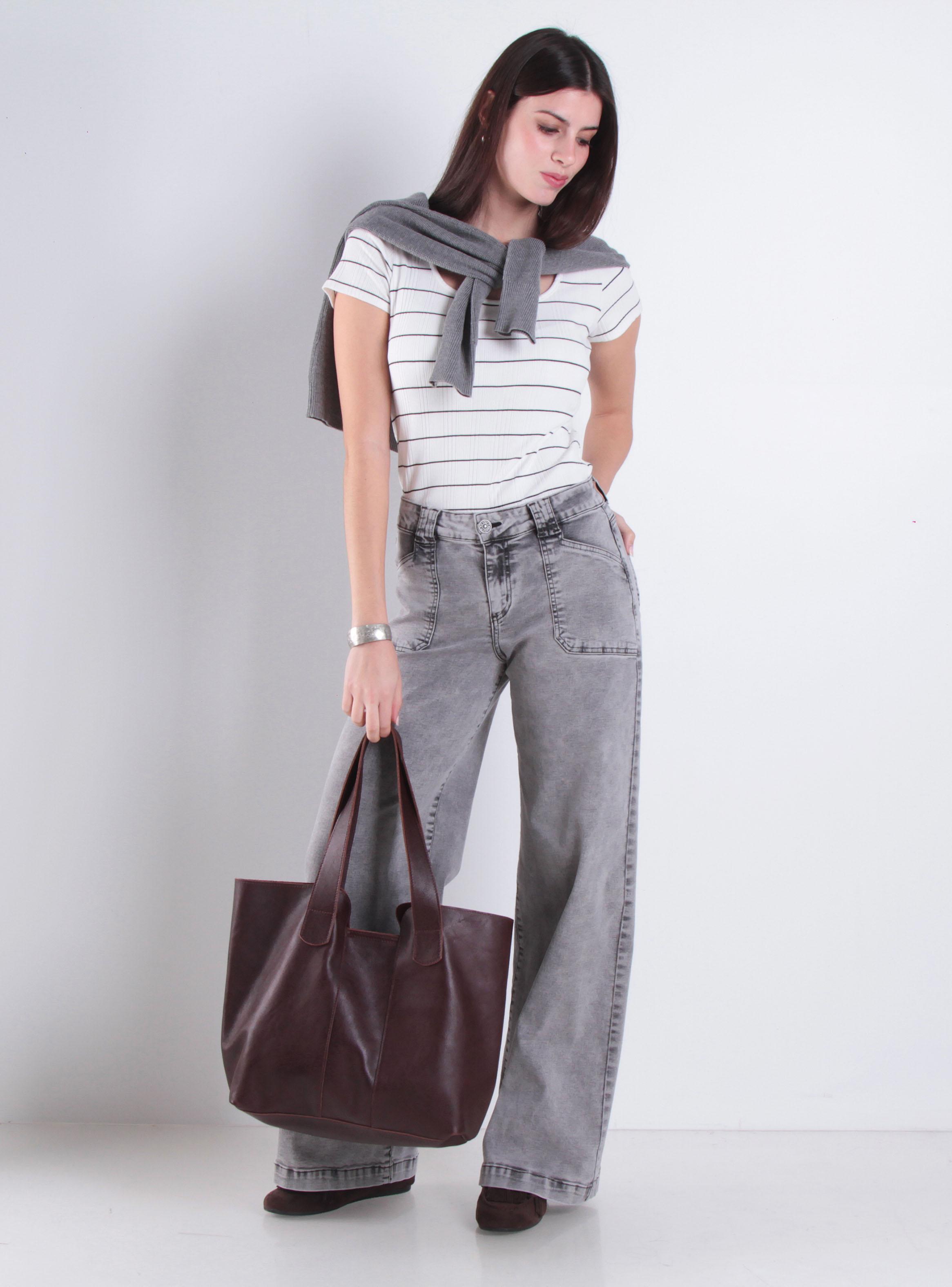 Jeans Wide Leg Tiro Alto Pretina Básica Jg-3