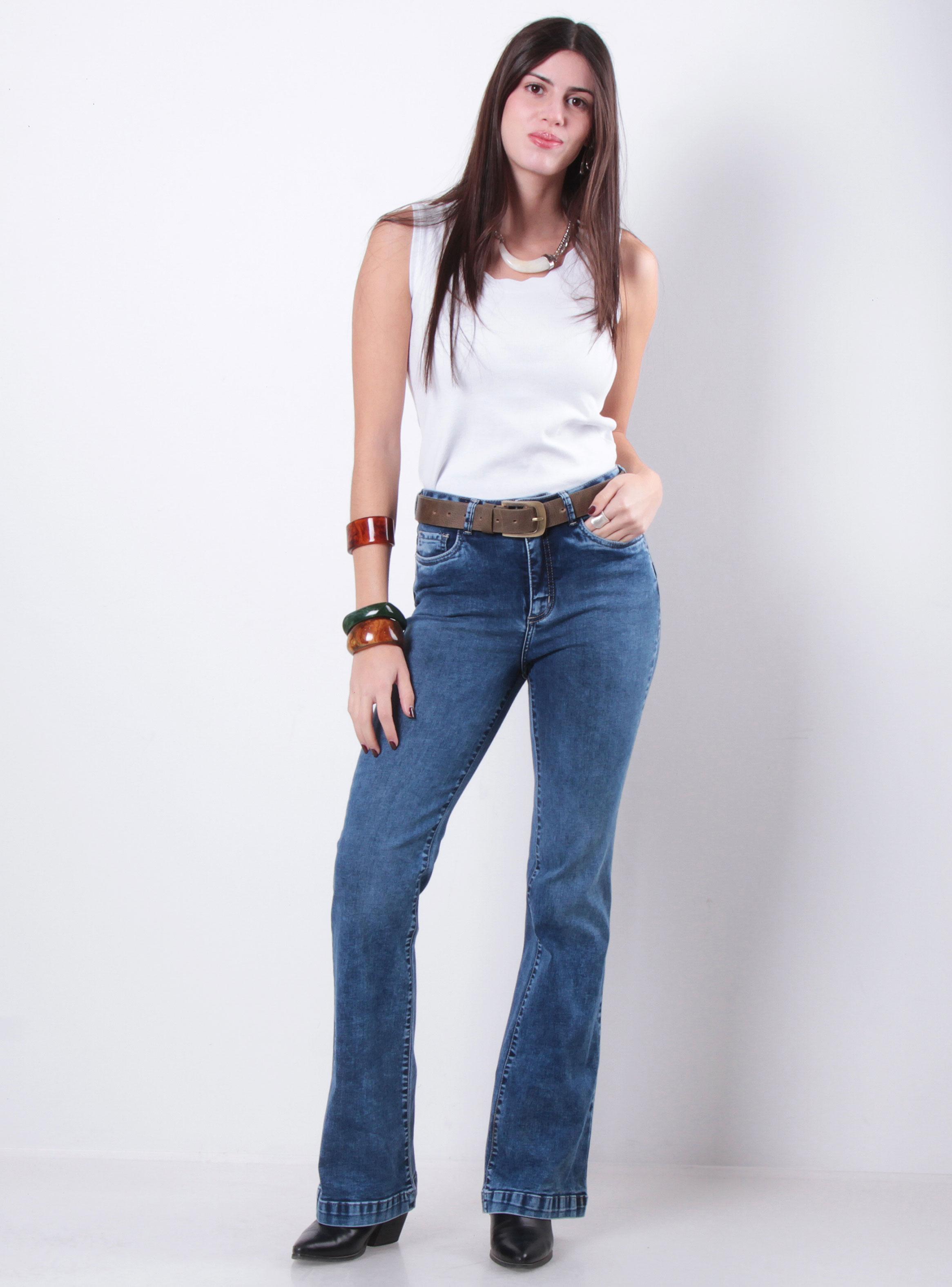 Jeans Flare Tiro Alto Pretina con Botón J34-3