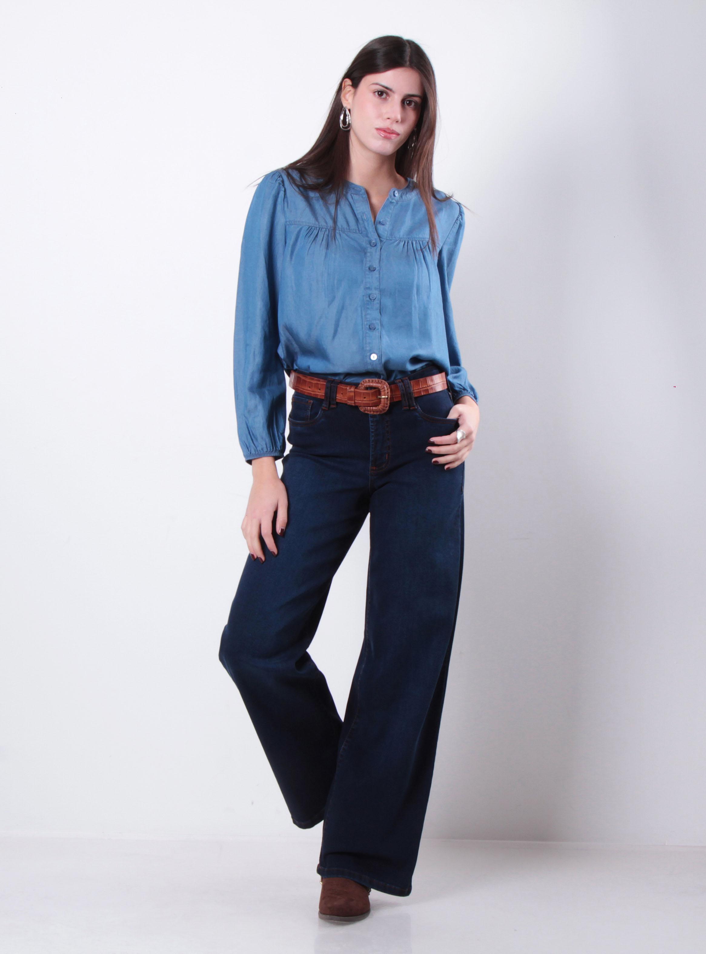 Jeans Básico Diseño Wide Tiro Medio con un Botón-4