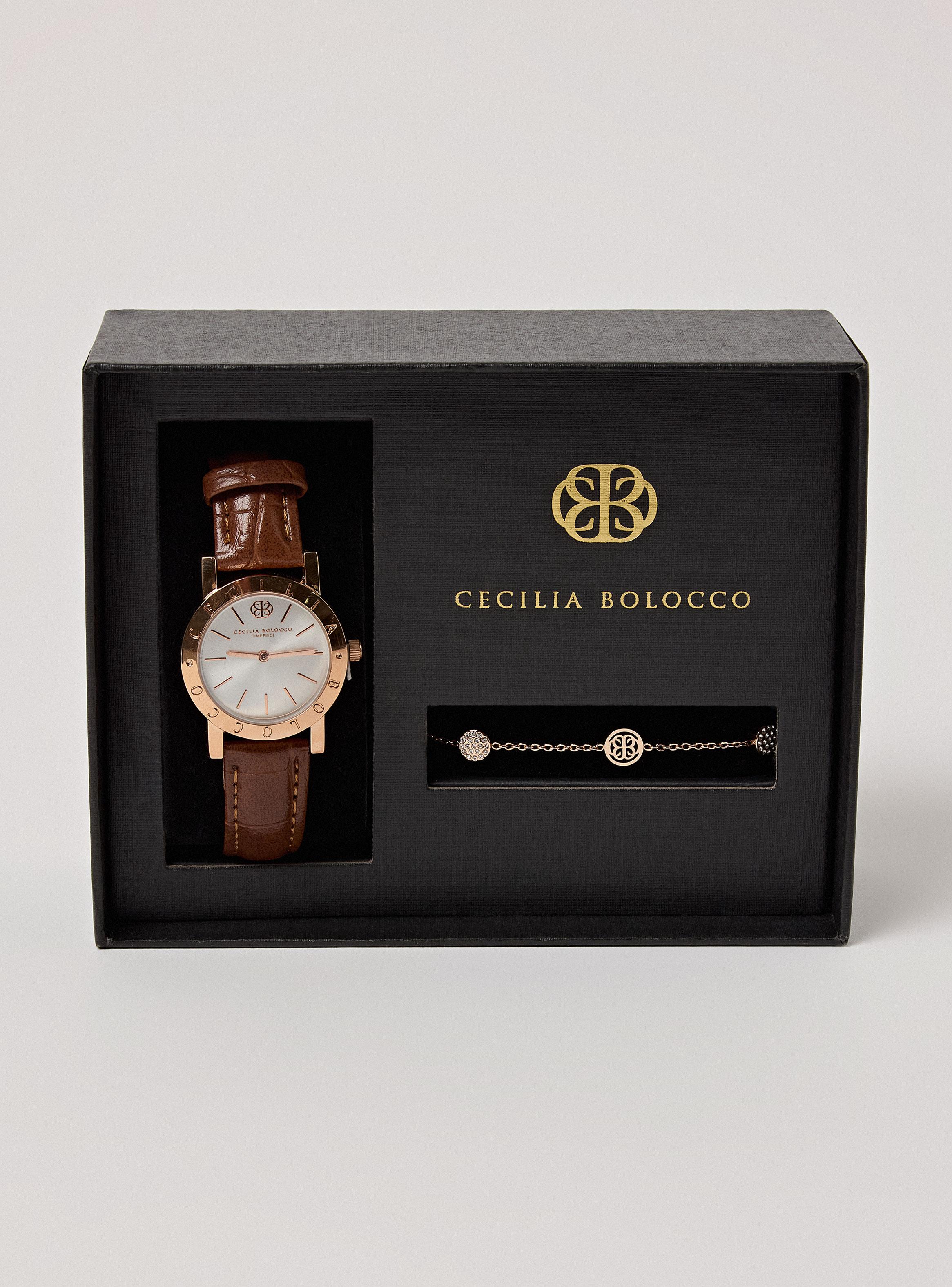 Pack Reloj Análogo Café Mujer + Pulsera Rose Gold-1