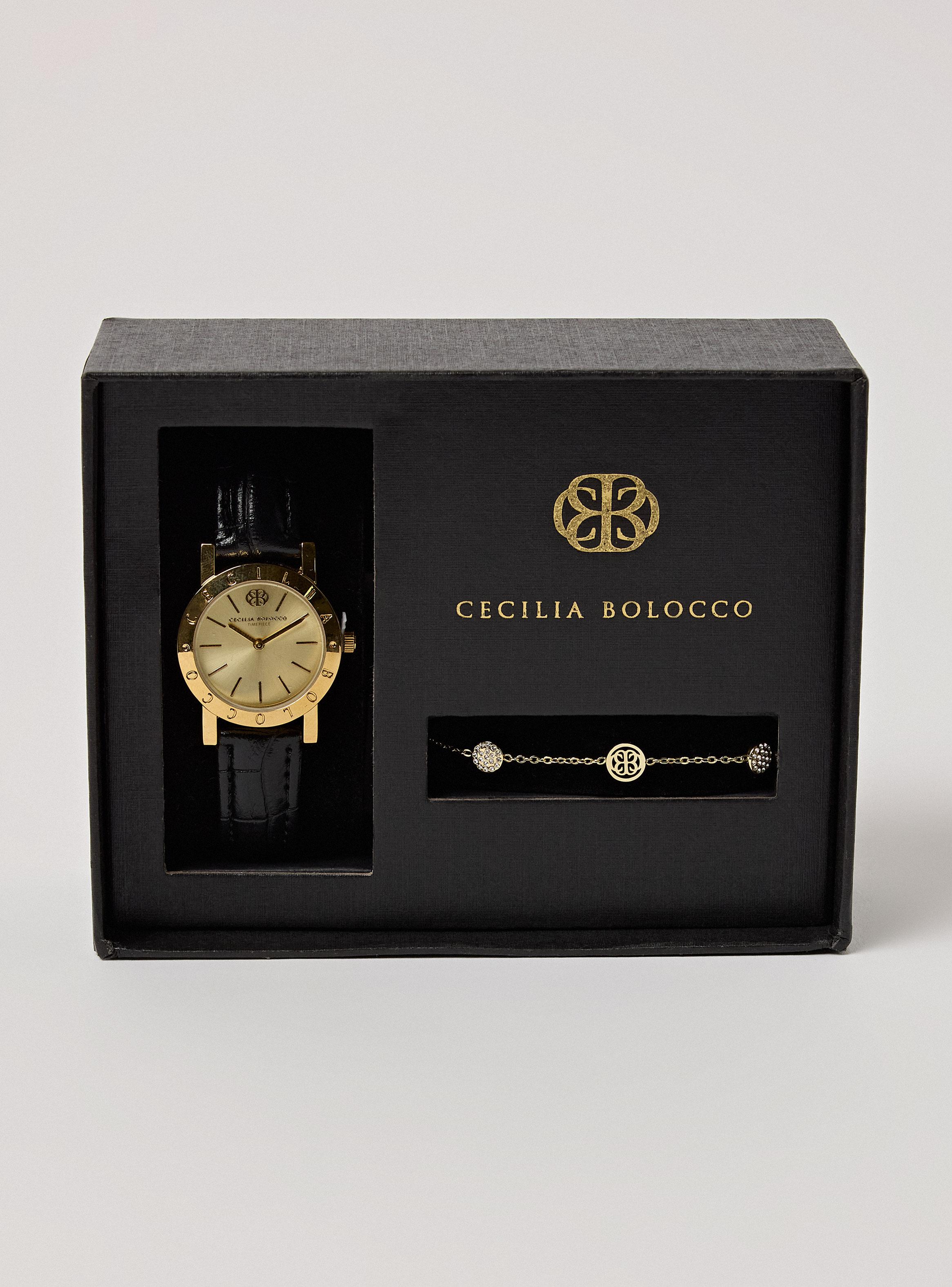 Pack Reloj Análogo Negro Mujer + Pulsera Dorada-3
