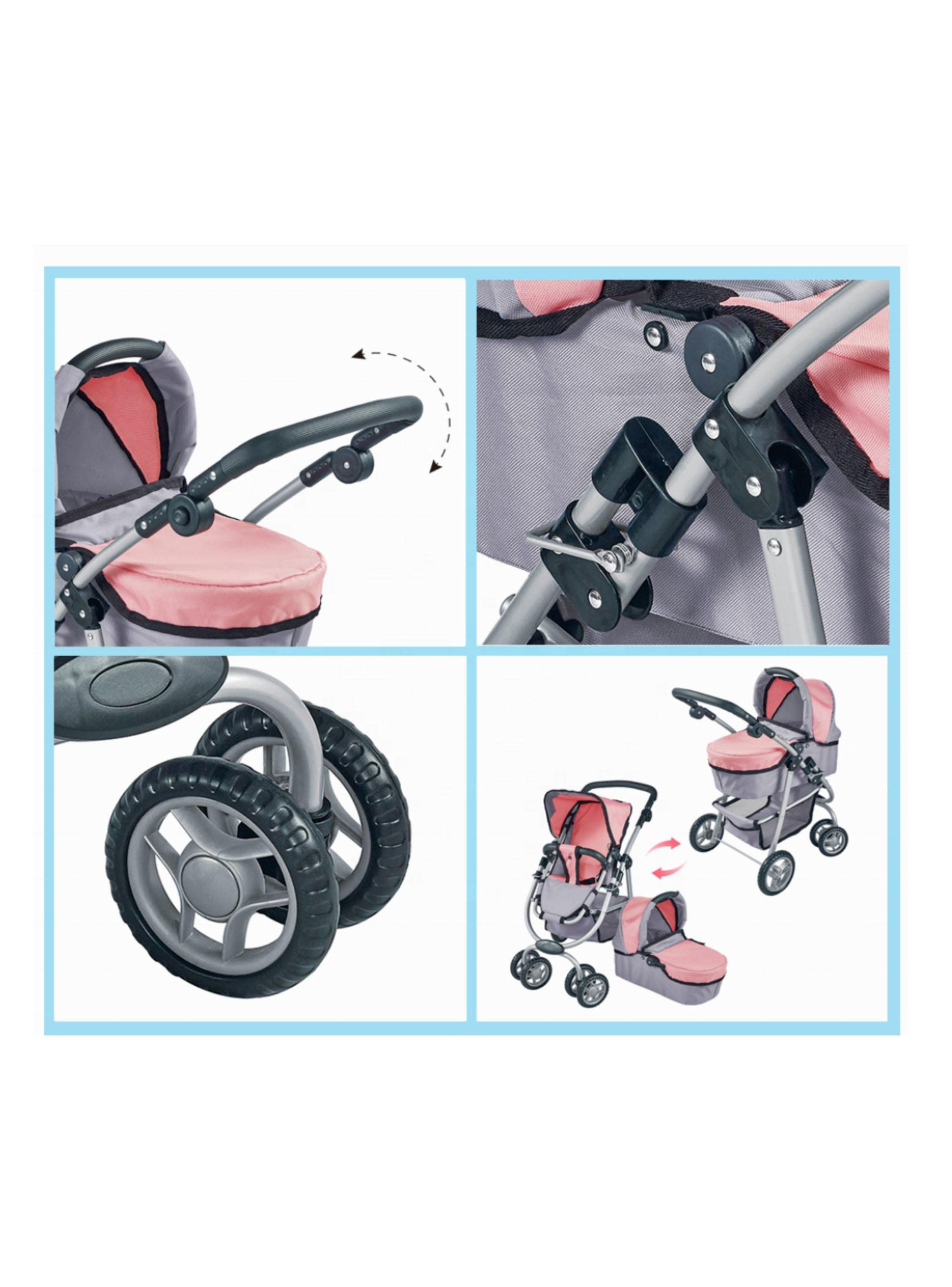 Coche de Muñeca con Manilla Ajustable 3 en 1 Rosado-3