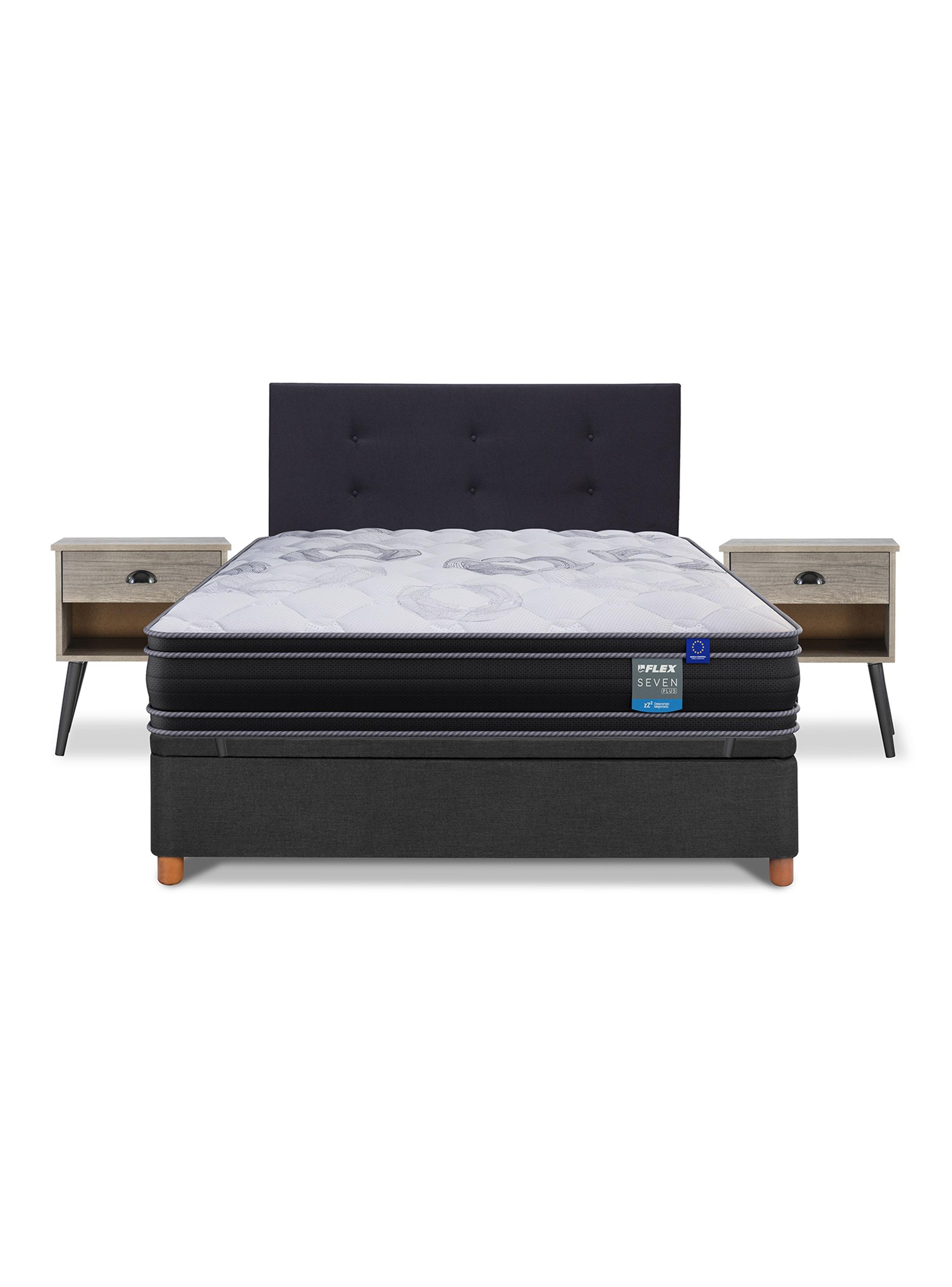 Cama Baúl Seven Plus 2 Plazas + Respaldo Royal Negro + Velador Rock -2