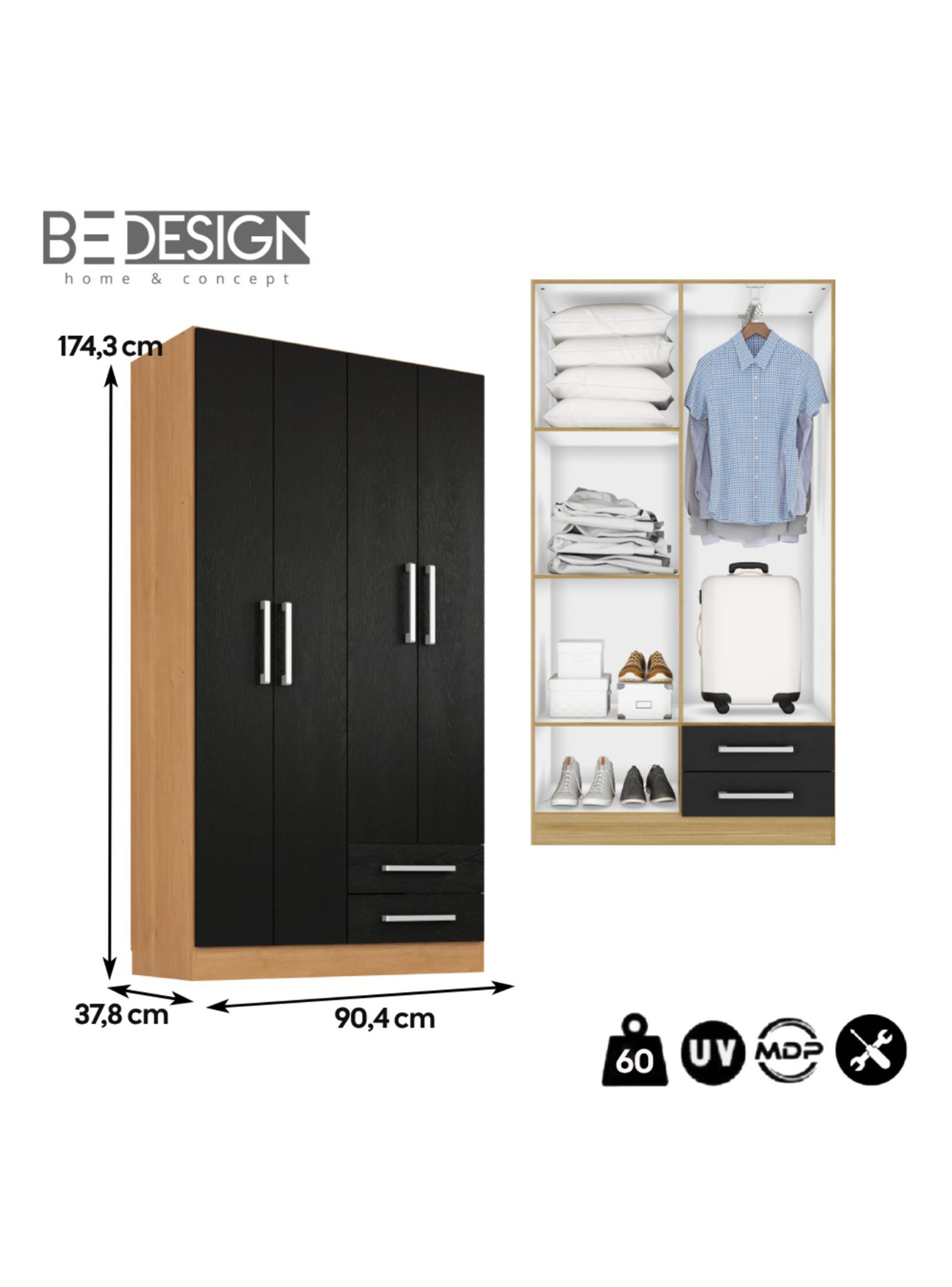 Clóset Ropero 4 Puertas 2 Cajones Canela Negro 174.3x90.4x37.8 cm MDP-1
