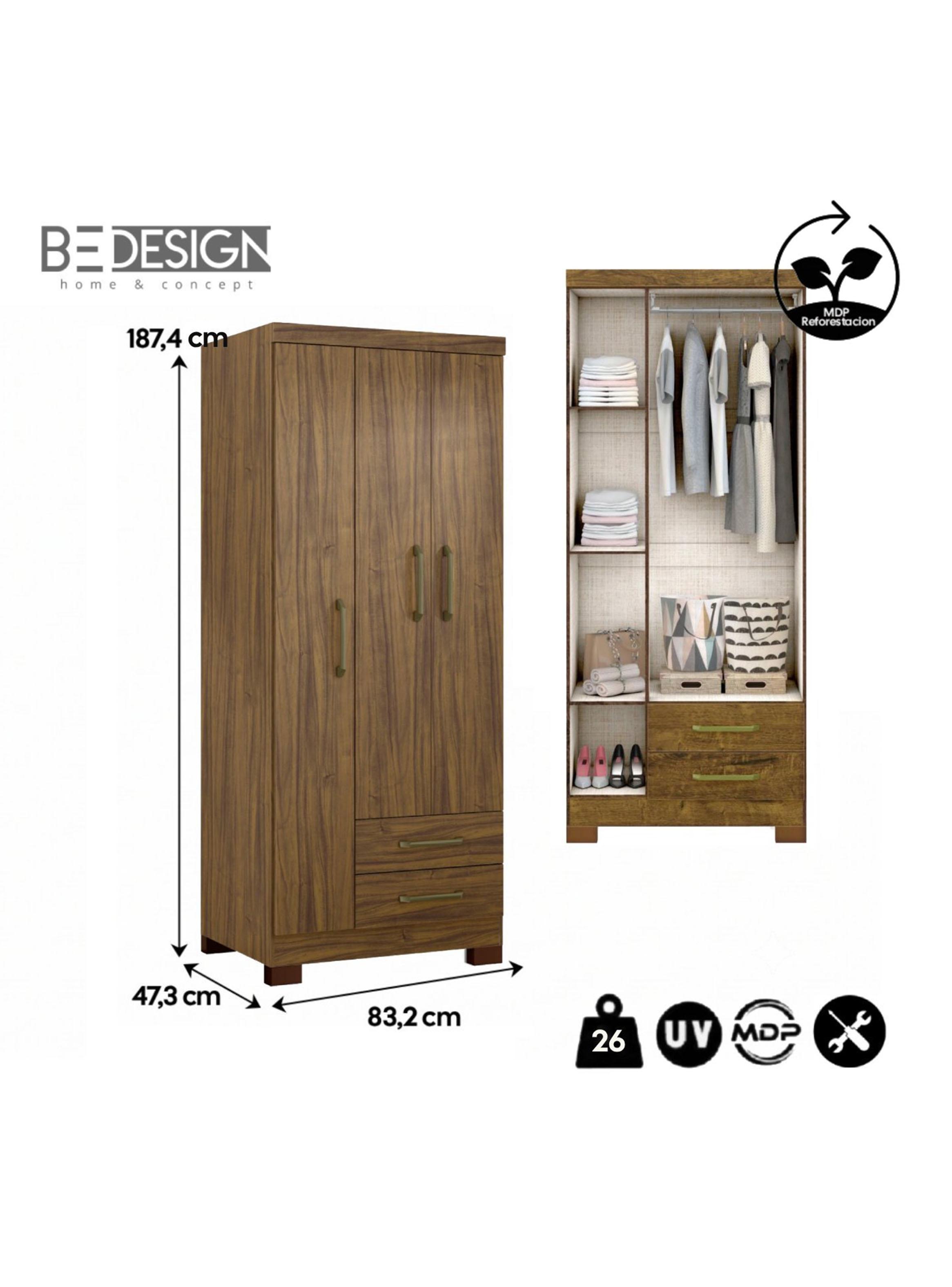Clóset Ropero Francia Canela 3 Puertas 2 Cajones MDP 187.4x83.2x47.3 cm-1