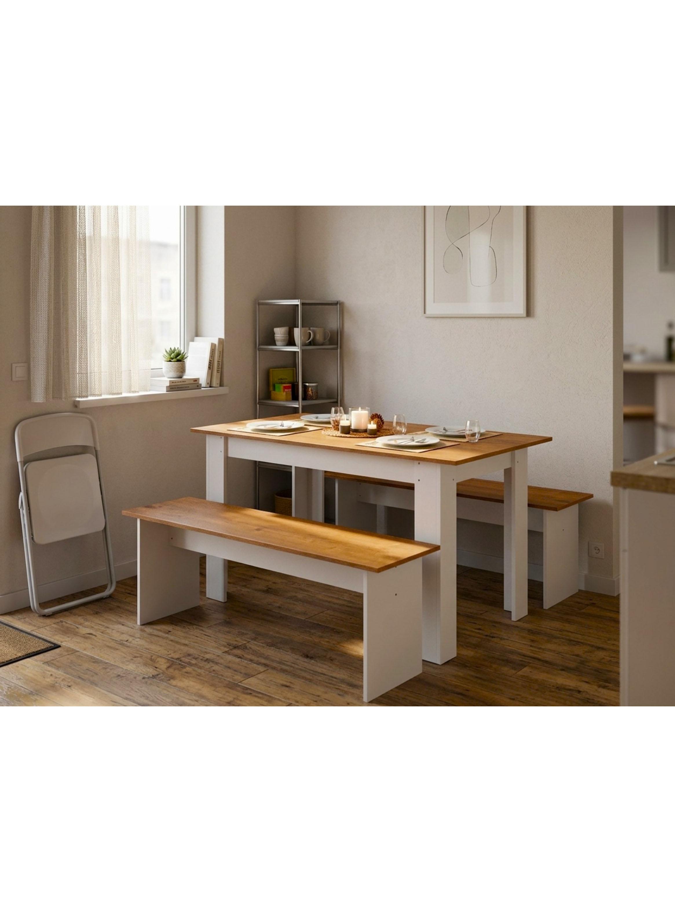 Juego de Comedor Diario 2 Banquetas Blanco Canela 75.2x135x75 cm MDP-3