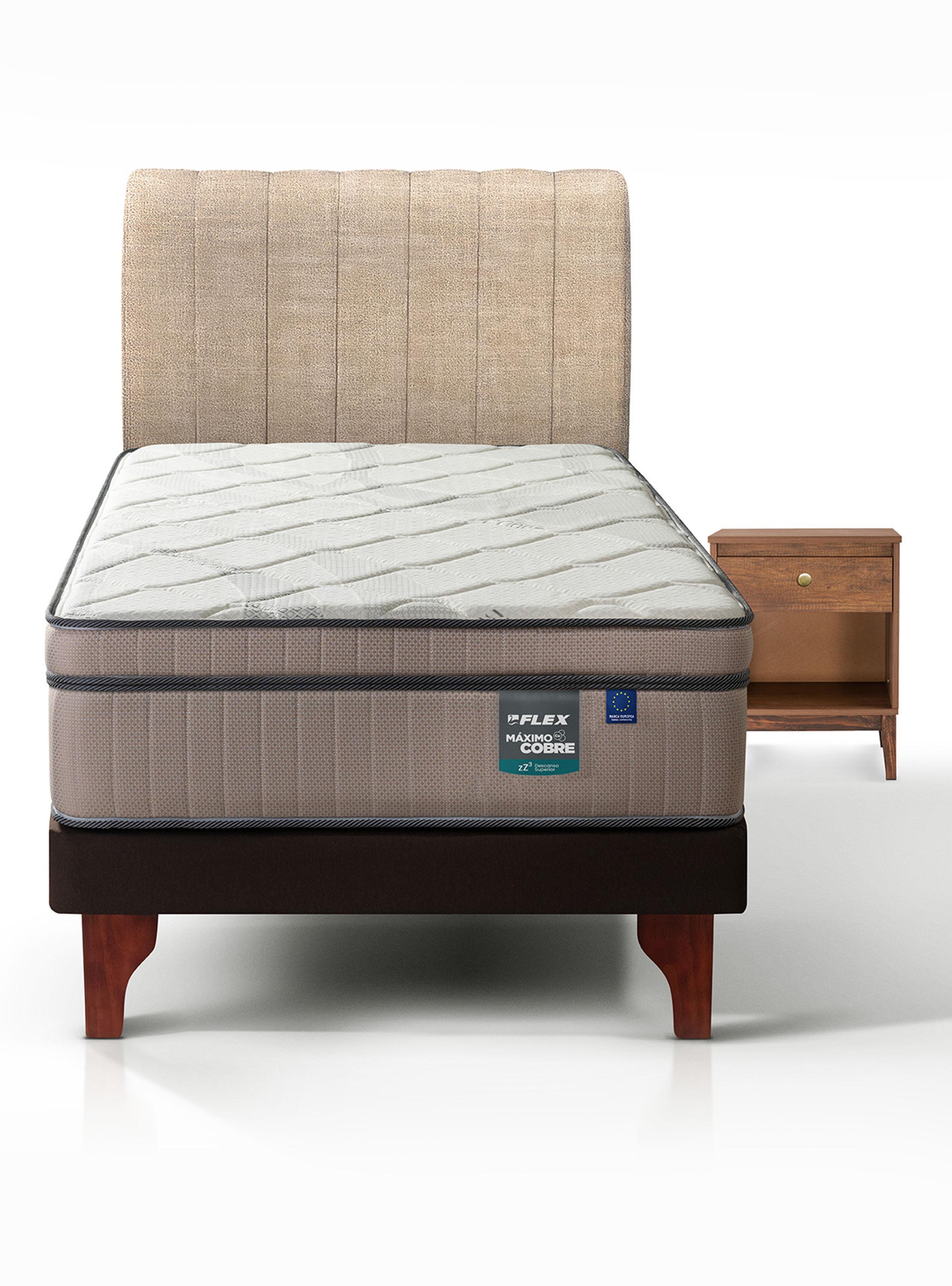 Cama Europea Máximo Cobre 1.5 Plazas + Respaldo Beige + Velador Atenas-2