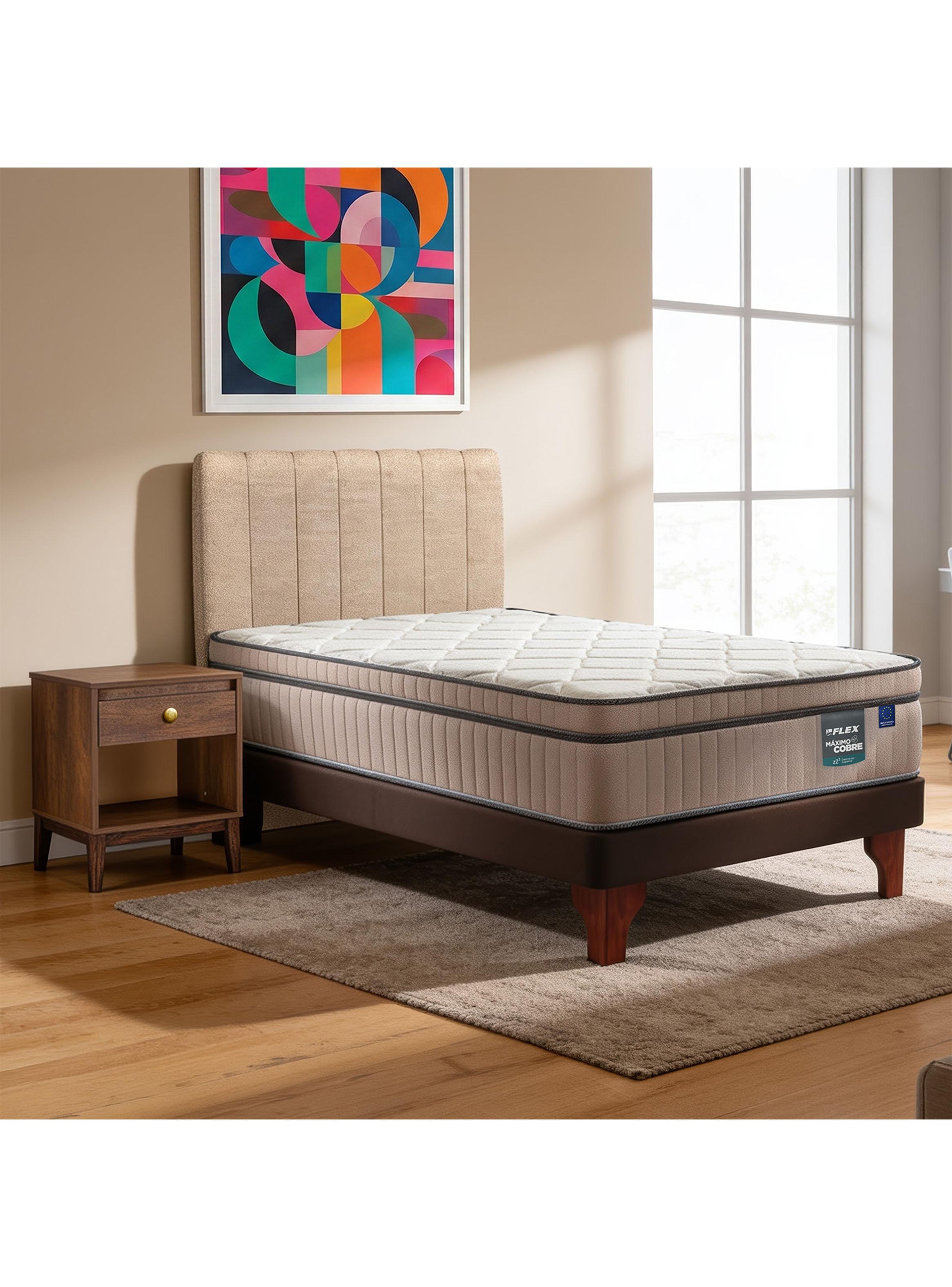 Cama Europea Máximo Cobre 1.5 Plazas + Respaldo Beige + Velador Atenas-5