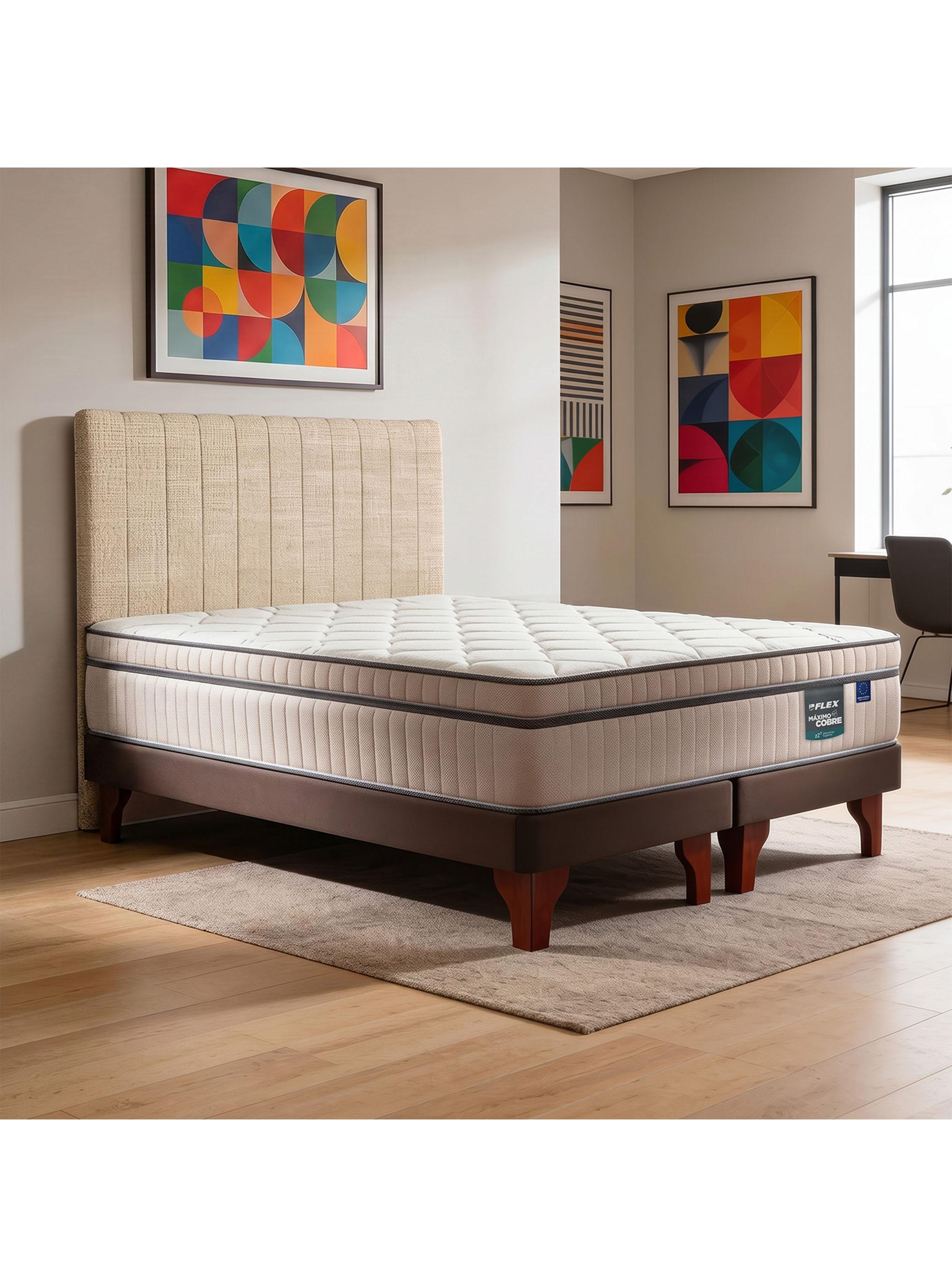Cama Europea Máximo Cobre King + Respaldo Tubular Beige-5