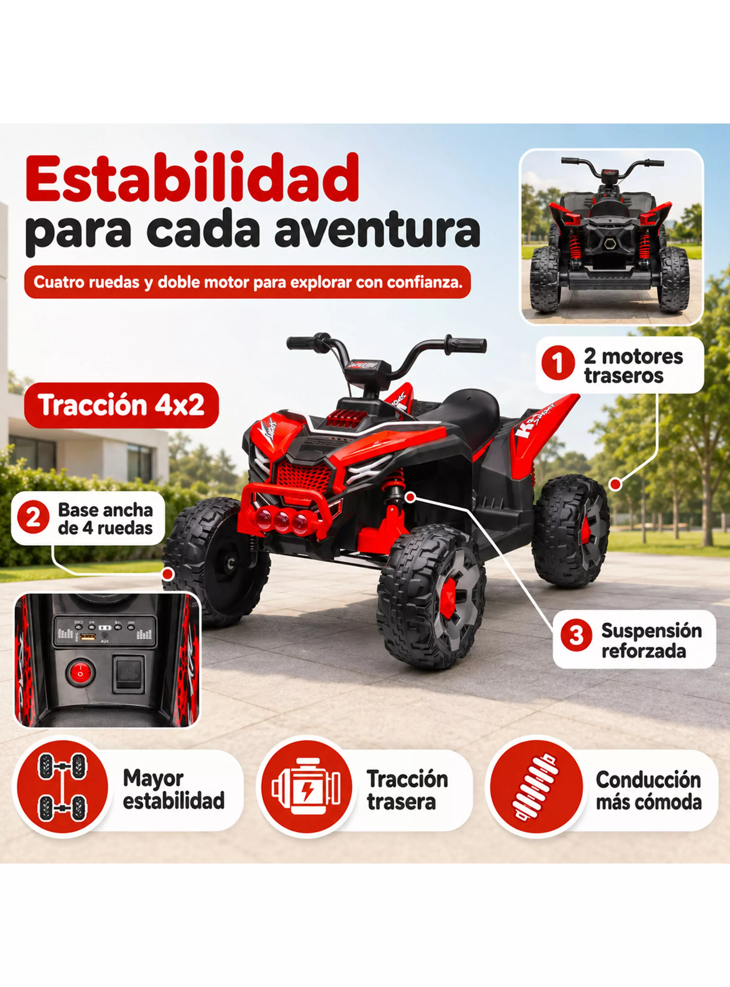 Cuatrimoto Eléctrica Infantil Monster ATV 12V 4x2 Roja-2