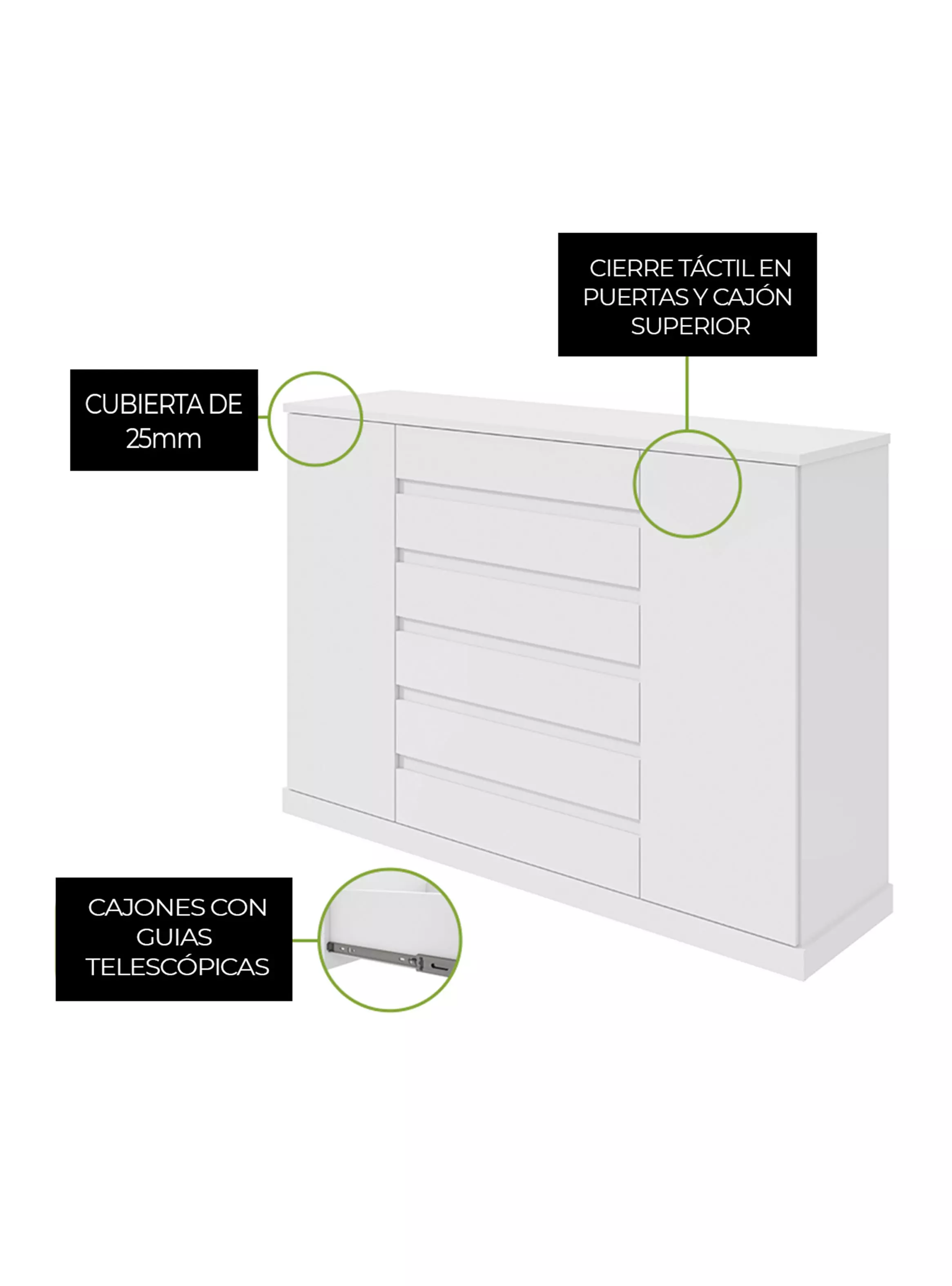 Cómoda 2 Puertas 7 Cajones Vedra 173x46x119 cm-3