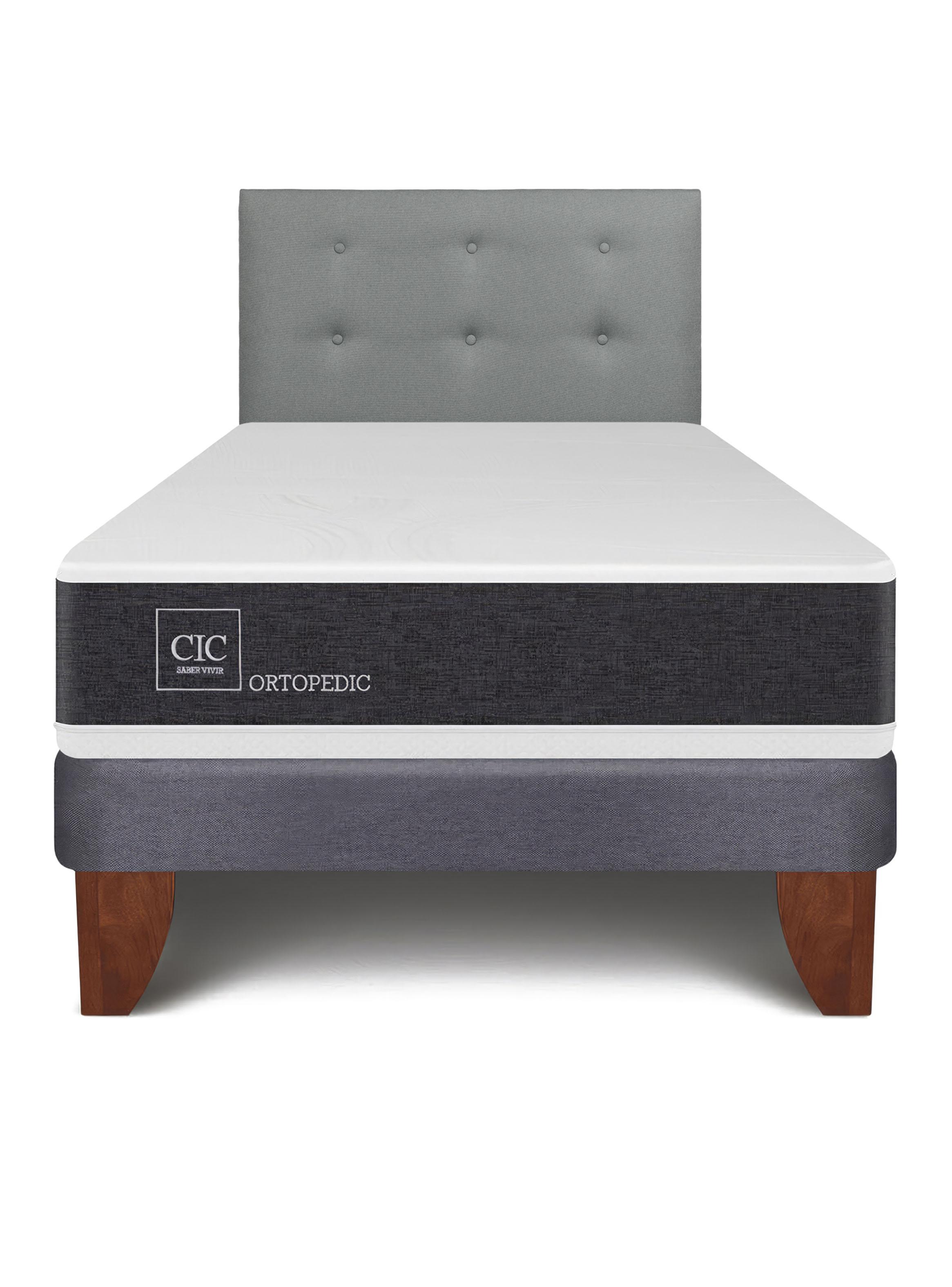 Cama Europea New Ortopedic 1.5 Pazas + Respaldo Gris Tapizado-2