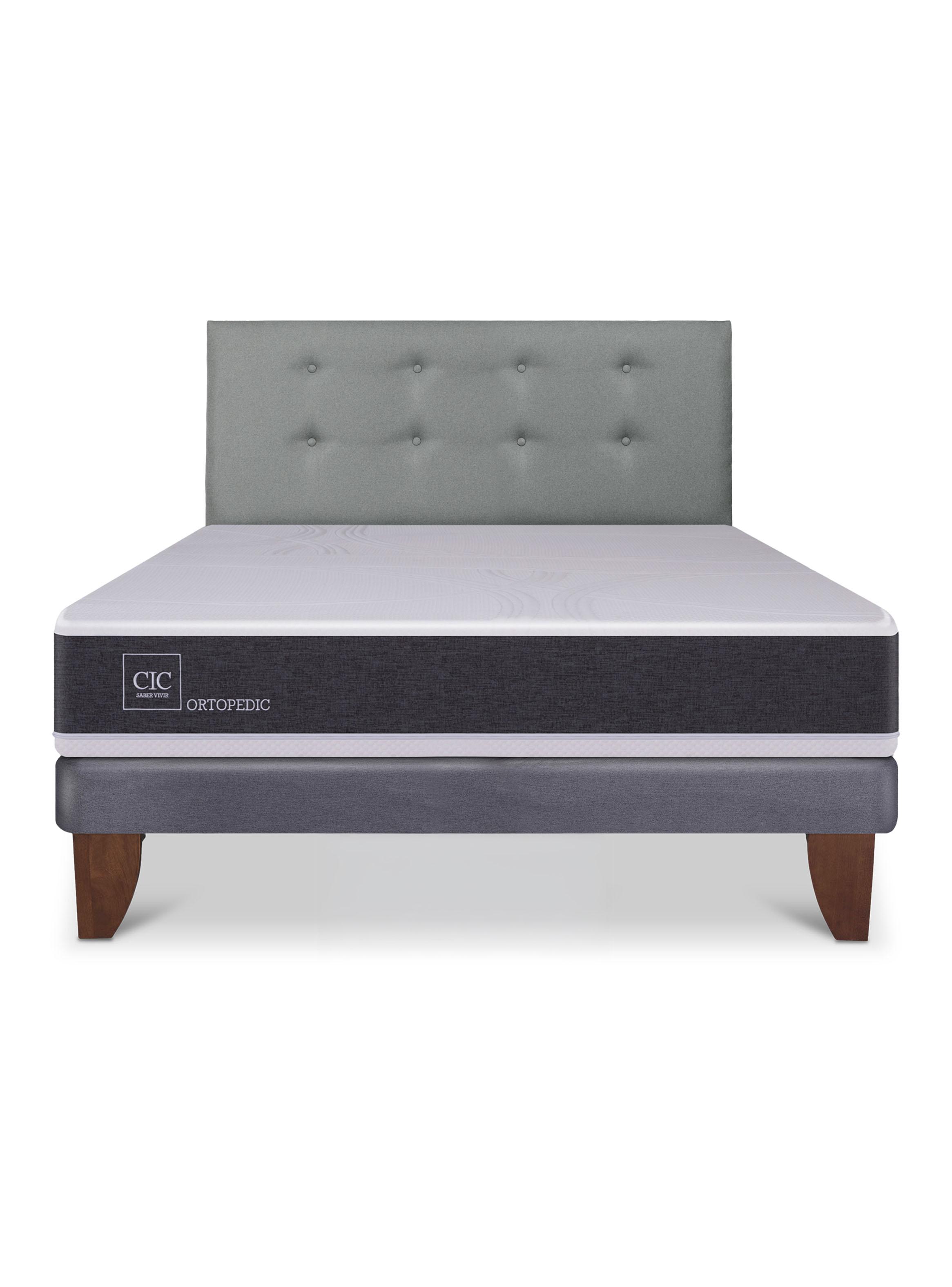 Cama Europea New Ortopedic 2 Plazas Base Normal + Respaldo Gris Tapizado-2