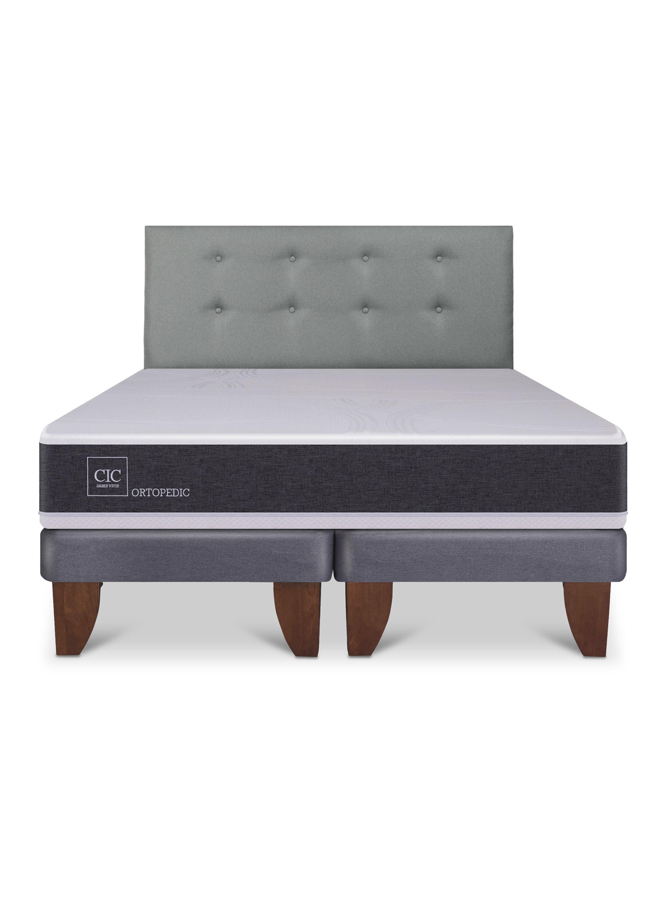 Cama Europea New Ortopedic 2 Plazas Base Dividida + Respaldo Gris Tapizado-2