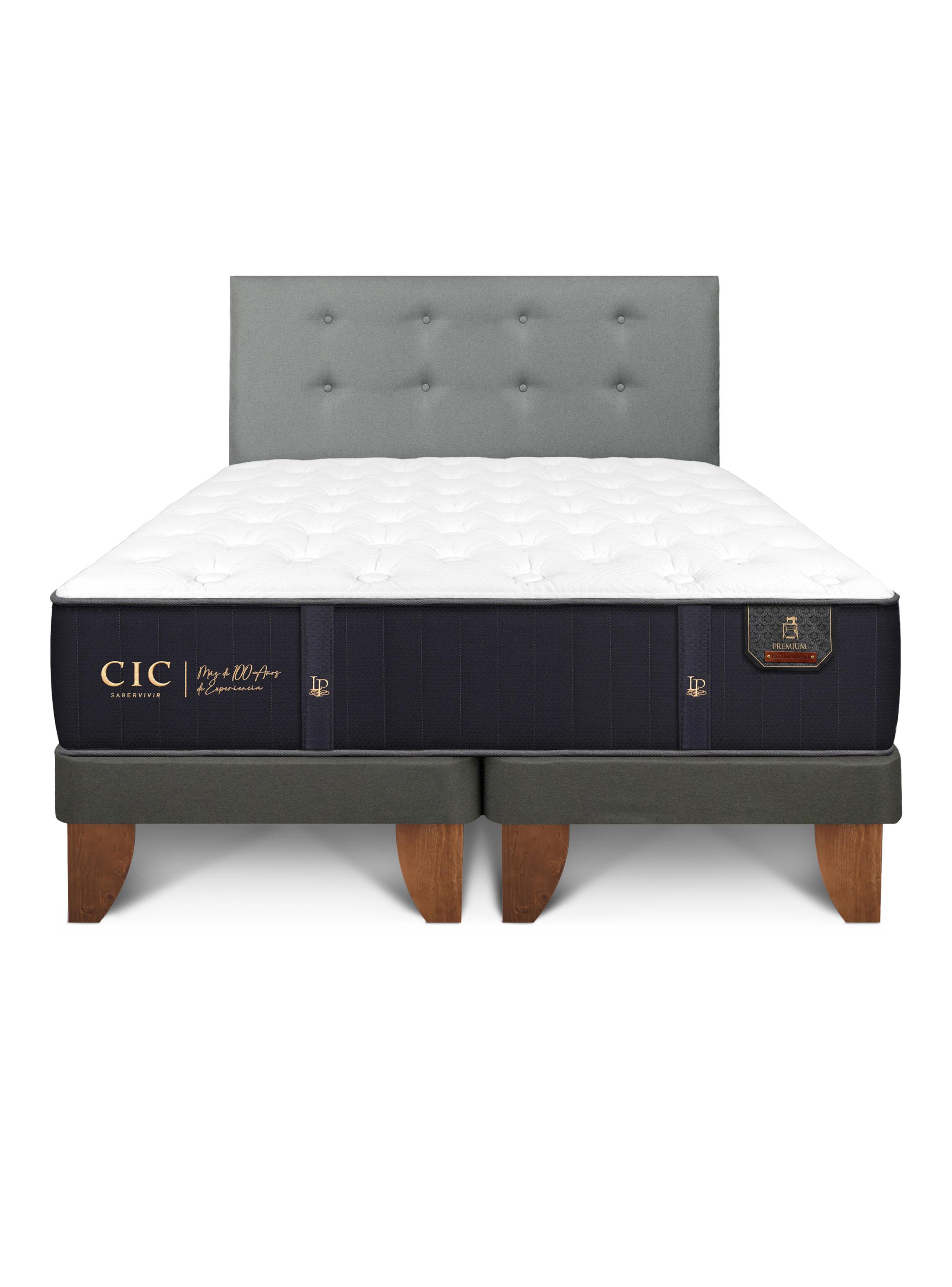 Cama Europea Premium Full Base Normal + Respaldo Gris Tapizado-2