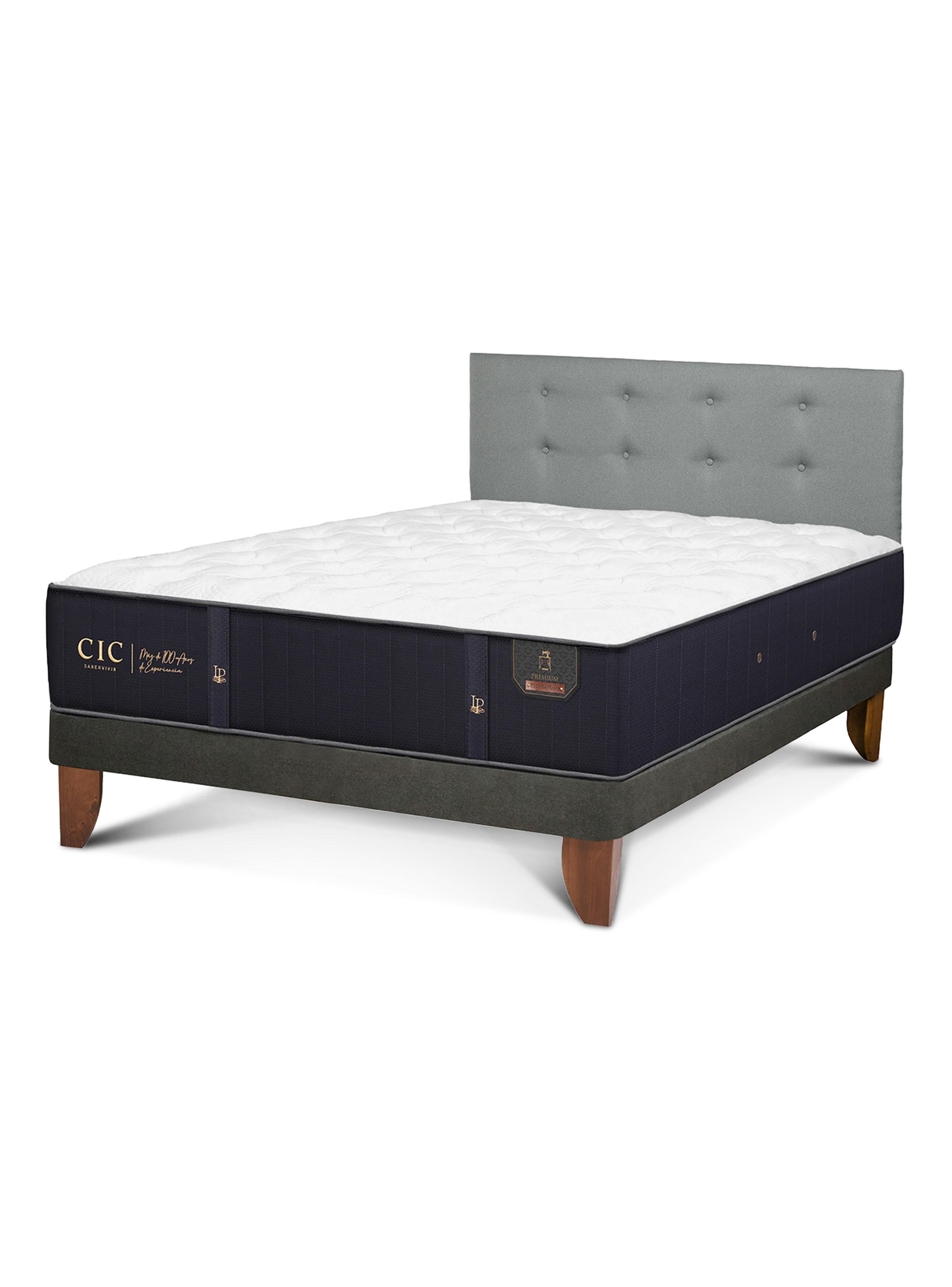 Cama Europea Premium Full Base Normal + Respaldo Gris Tapizado-0