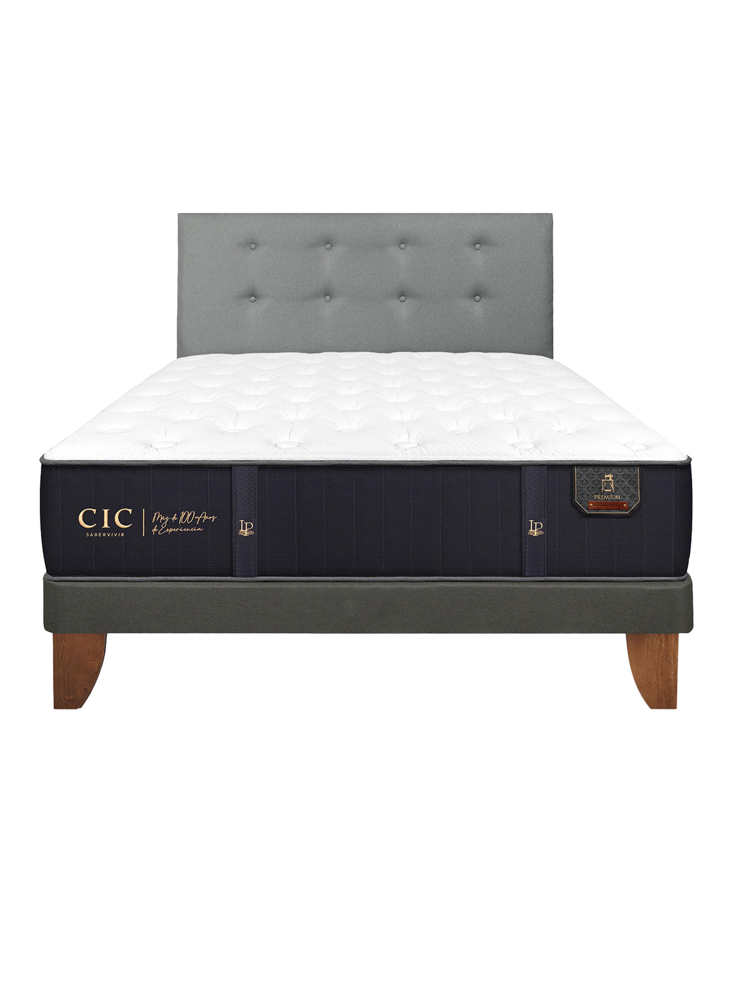 Cama Europea Premium Full Base Normal + Respaldo Gris Tapizado-2