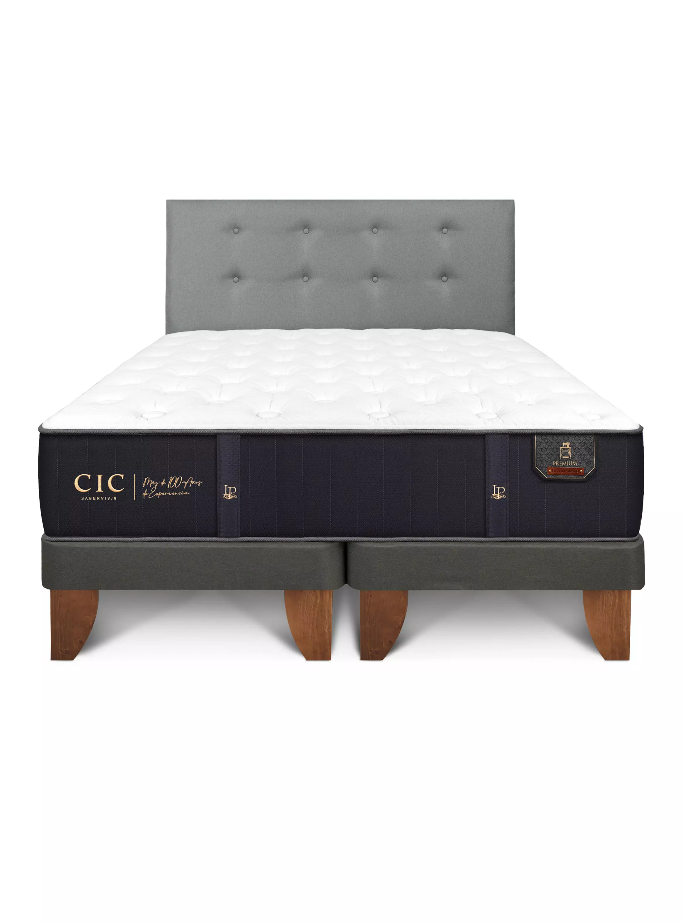 Cama Europea Premium 2 Plazas Base Dividida + Respaldo Gris Tapizado-2