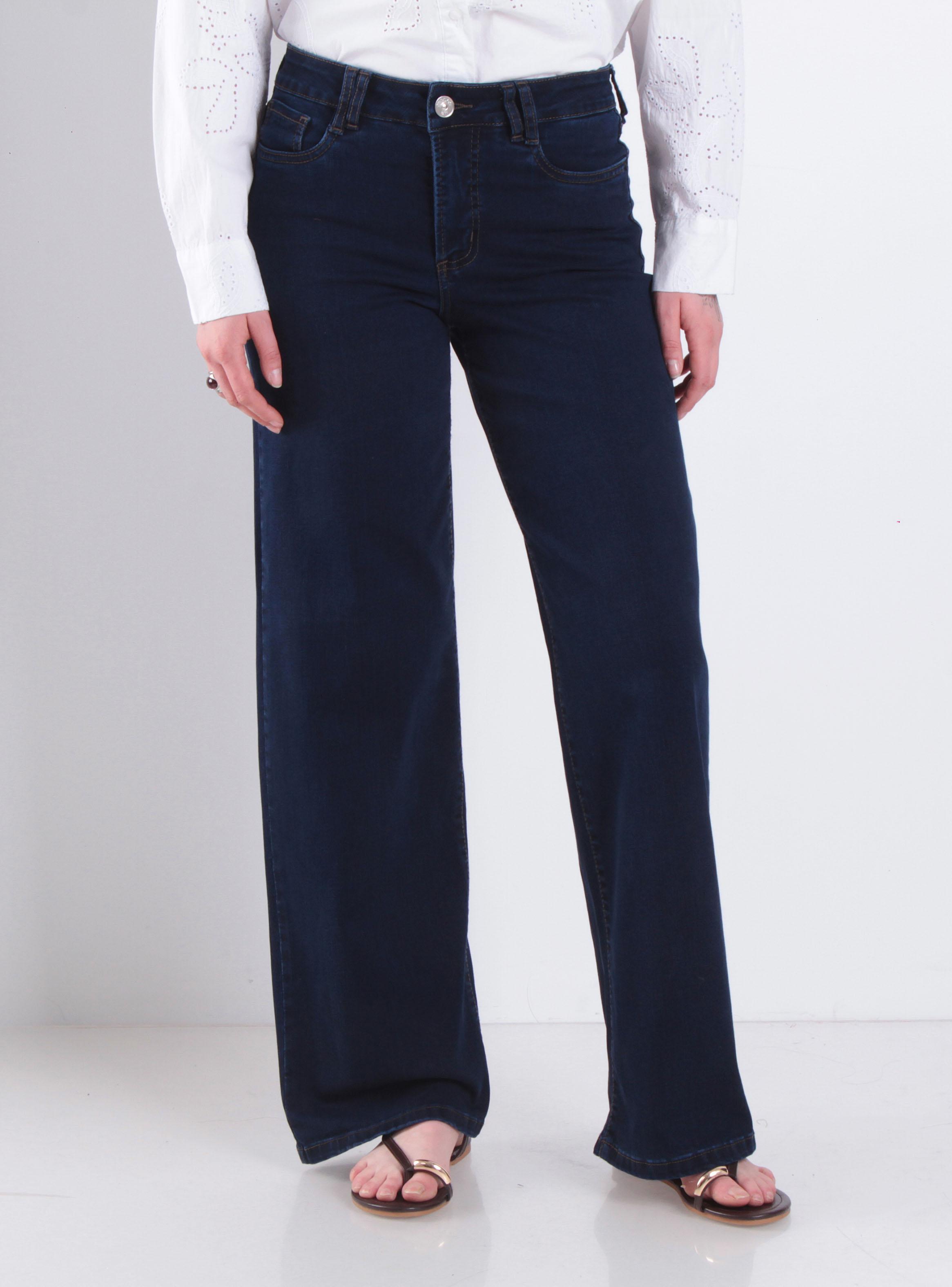Jeans Wide Leg Tiro Alto Pretina Básica Botón-0